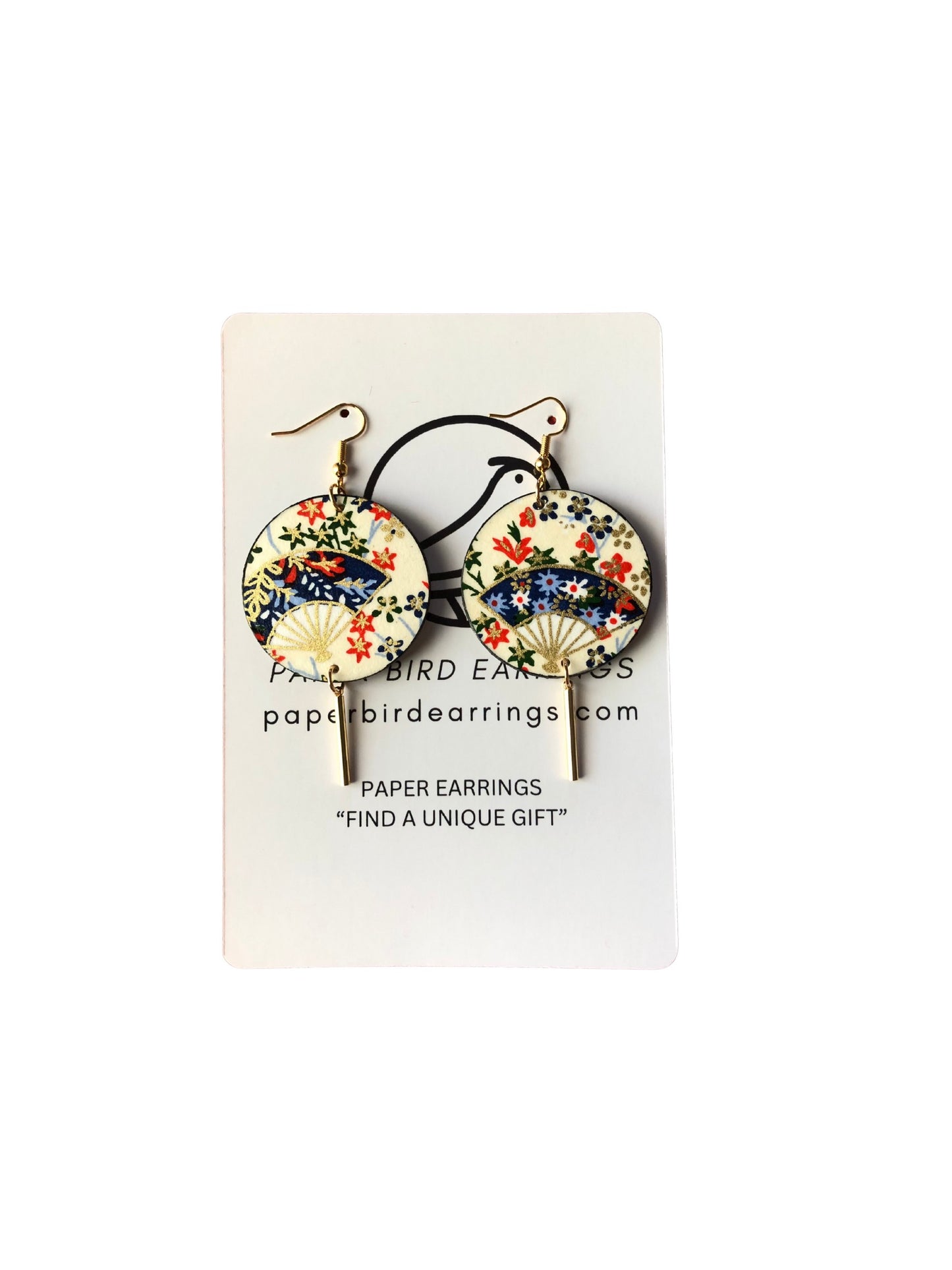Pair of floral-patterned earrings on a branded card with 'Papery Birdearrings' text.