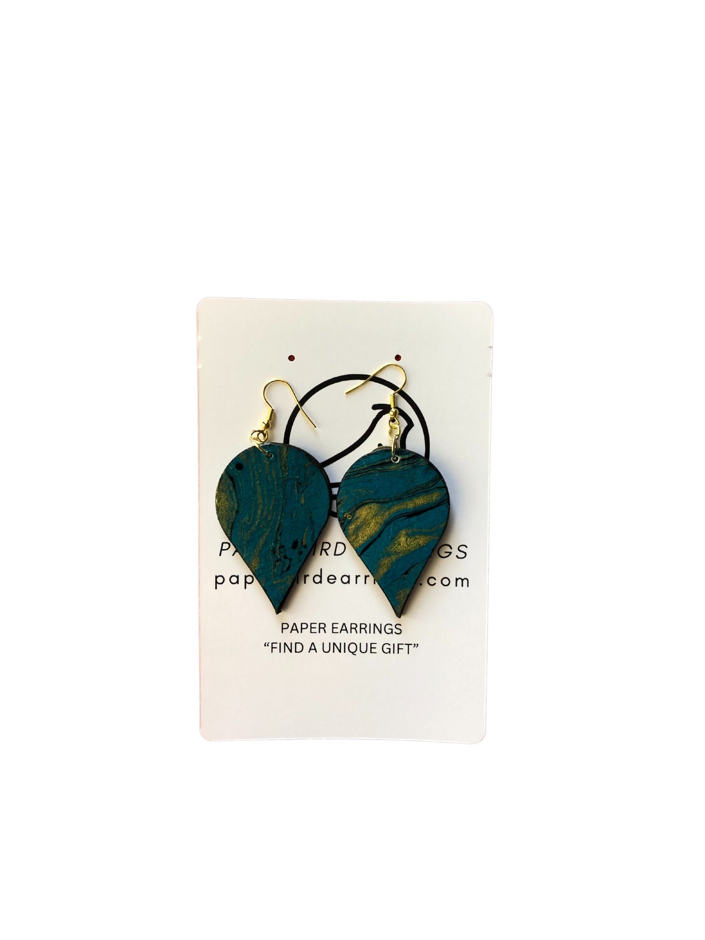 Pair of green marbled heart-shaped earrings on a white card with branding text.