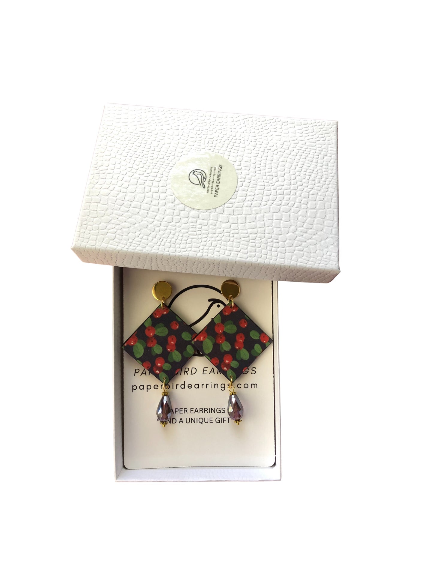 Pair of earrings in a white box with a brand label on a white background