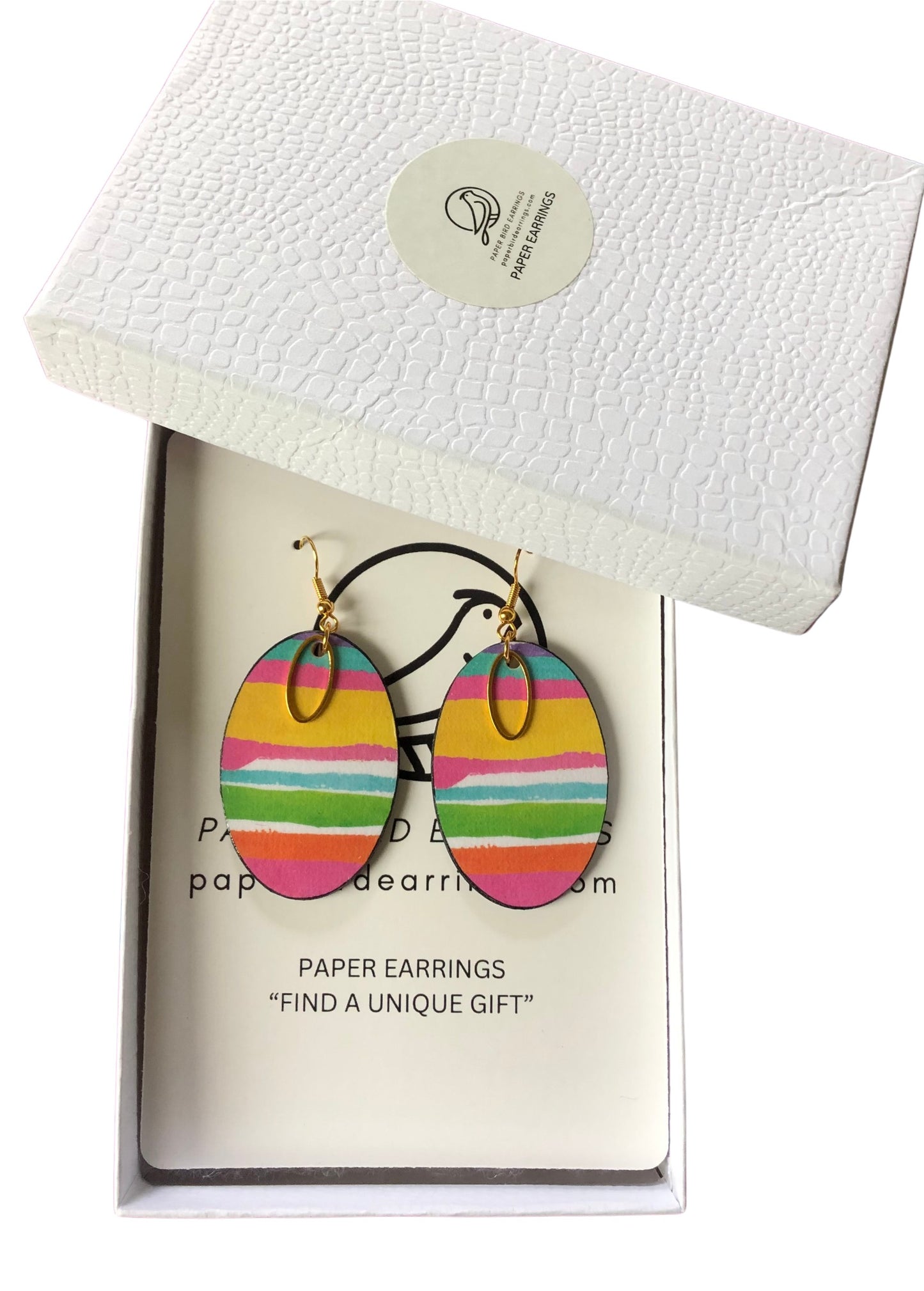 Colorful striped earrings in a white box with 'Paper Earrings' branding.