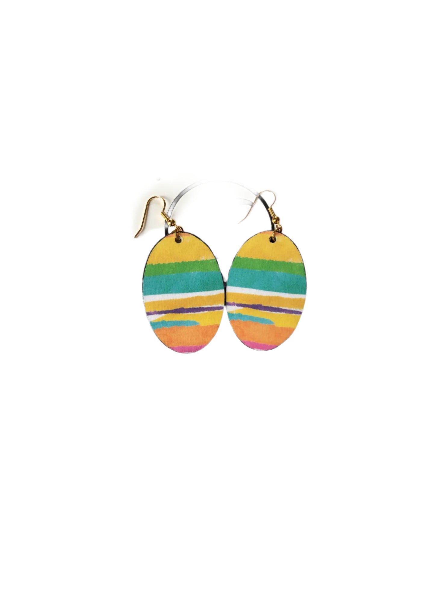 Colorful oval-shaped earrings on a white card with 'PAPER EARRINGS' text.