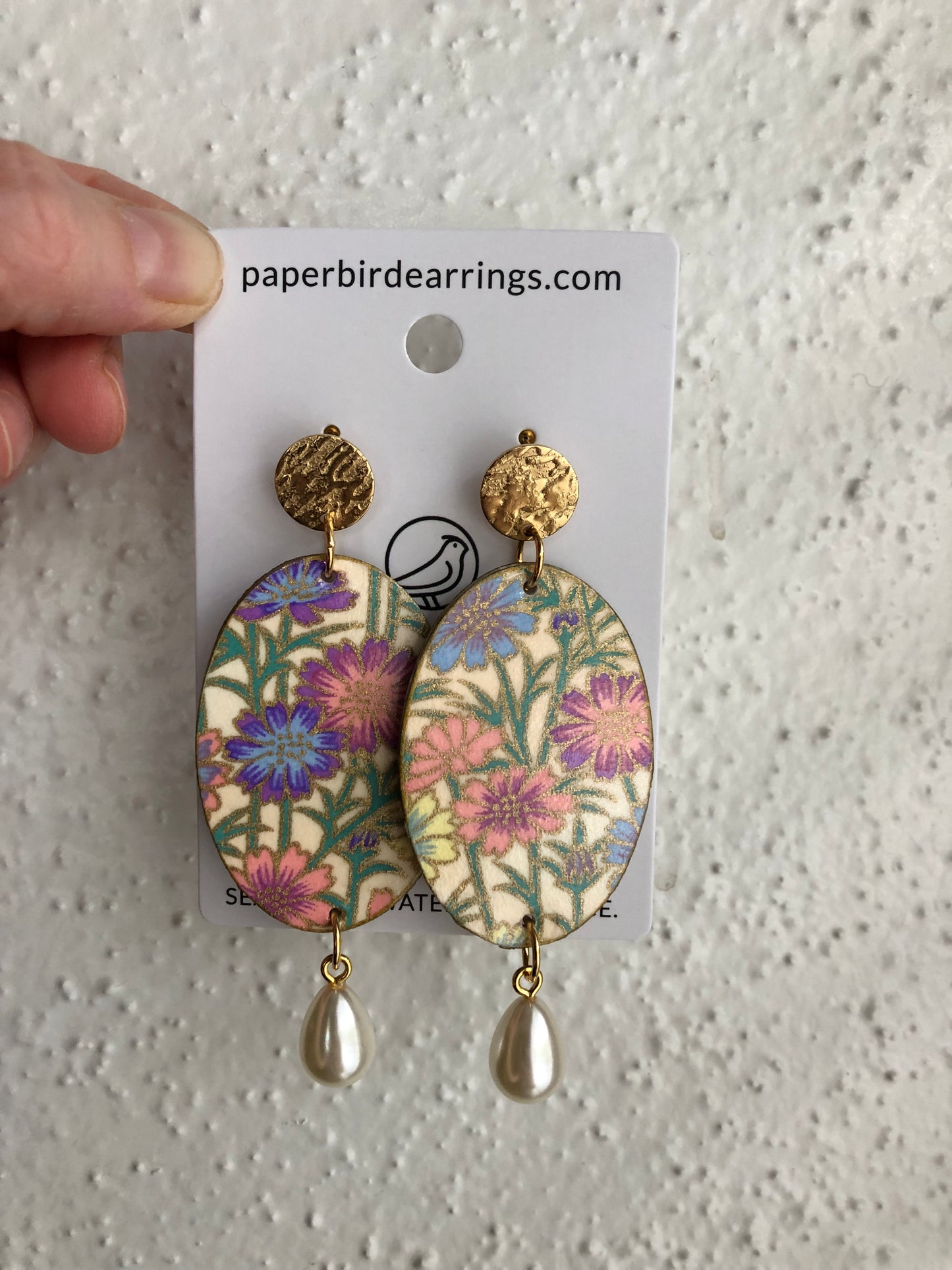 Floral handmade paper earrings with flower blooms design and pearls