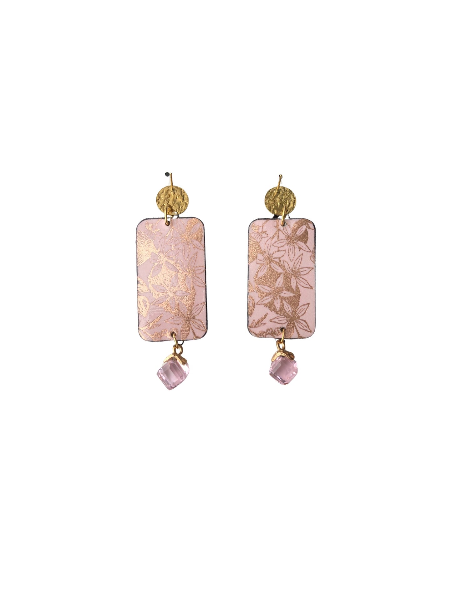 Pair of pink floral earrings with gold accents on a white background