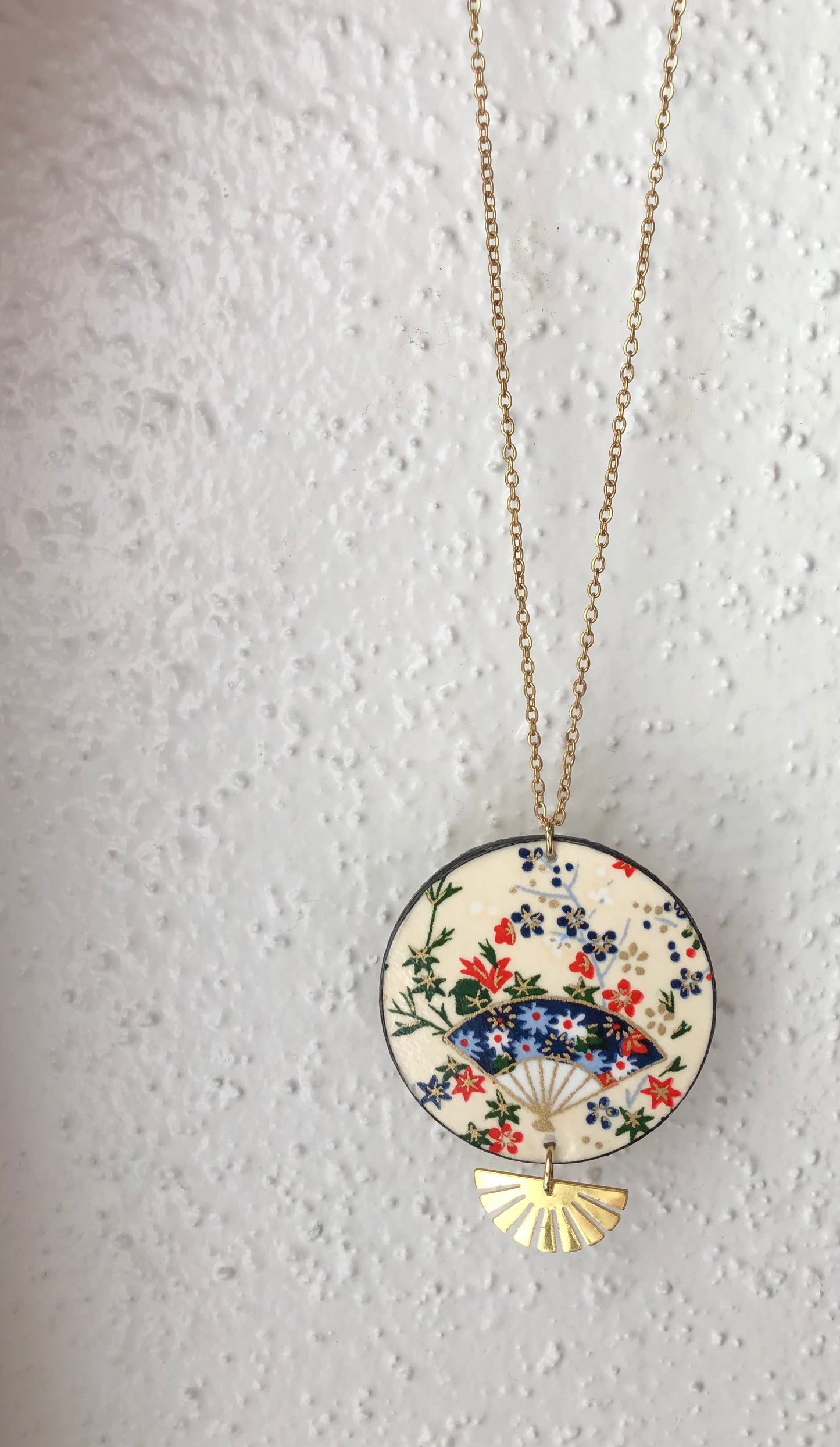 Necklace with beige floral paper pendant handmade