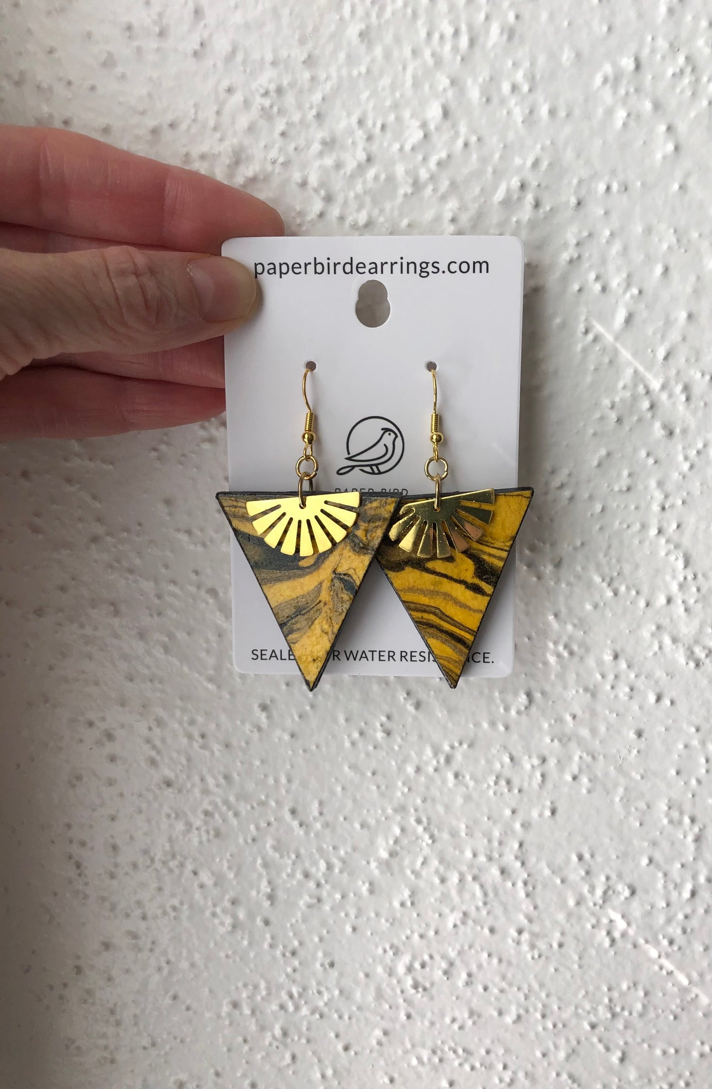 Yellow triangle-shaped earrings handmade paper earrings