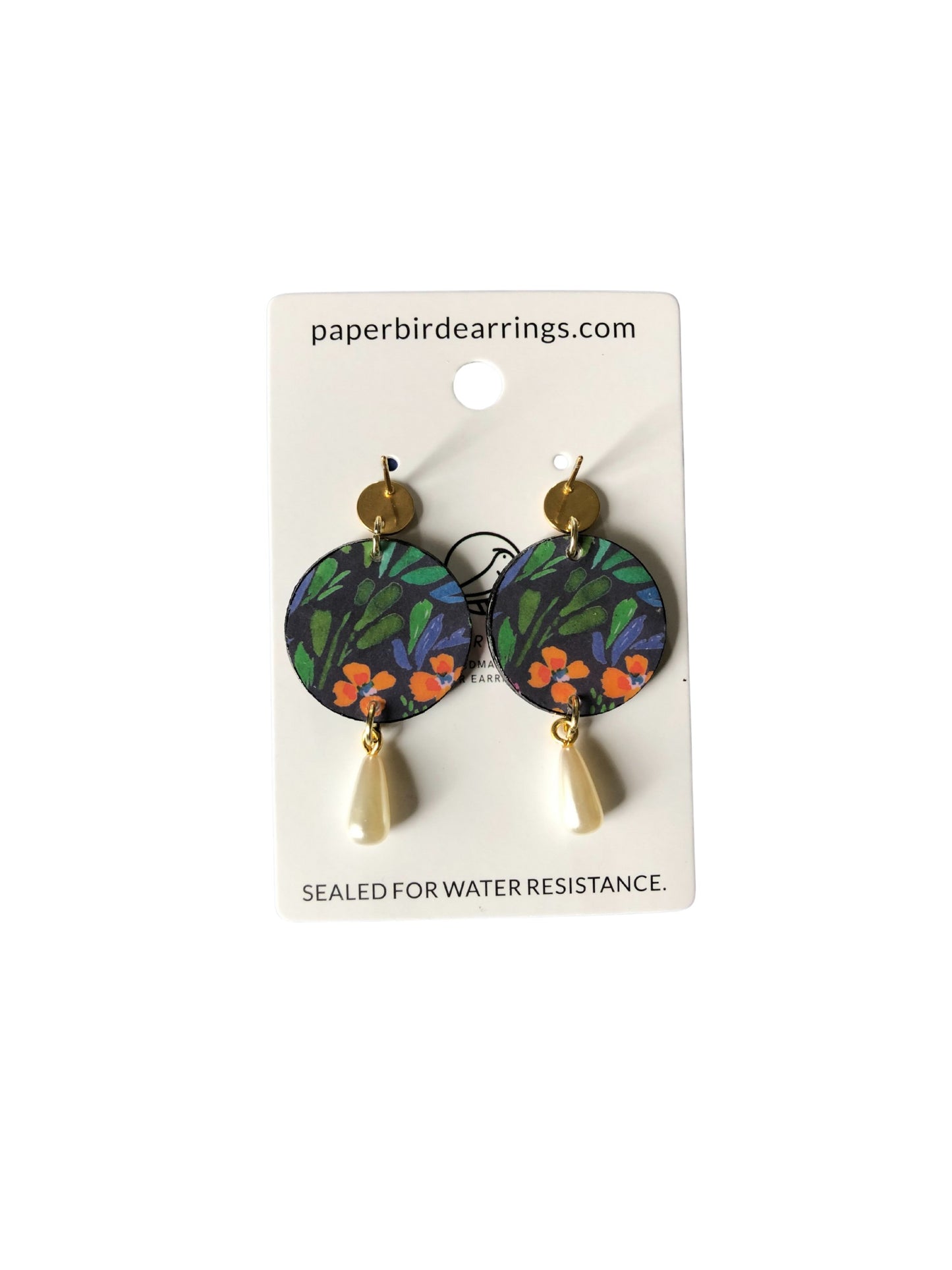Pair of earrings on a card with 'paperbirdearrings.com' text.