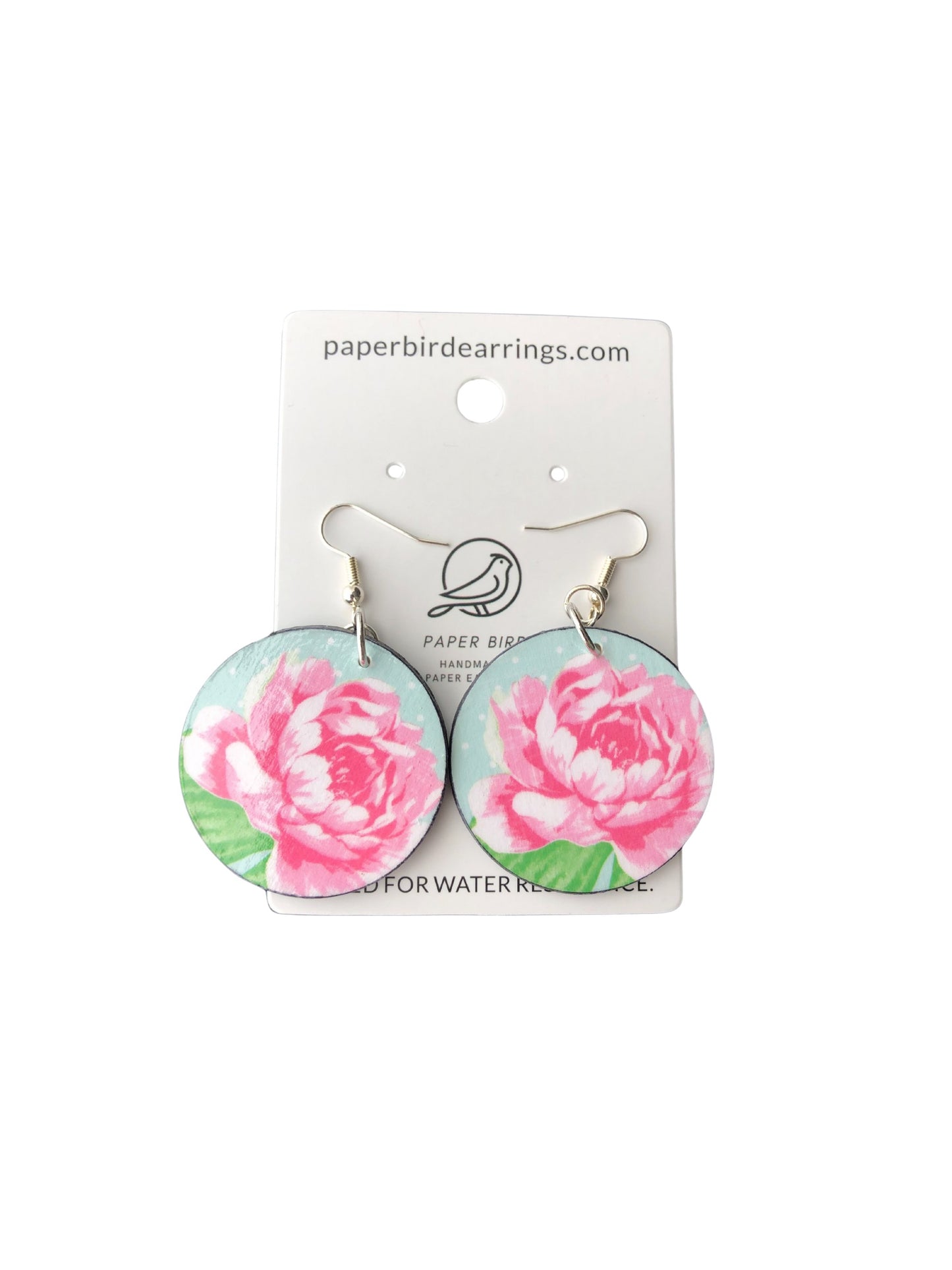 Floral earrings on a branded card with 'paperbirdearrings.com' text.