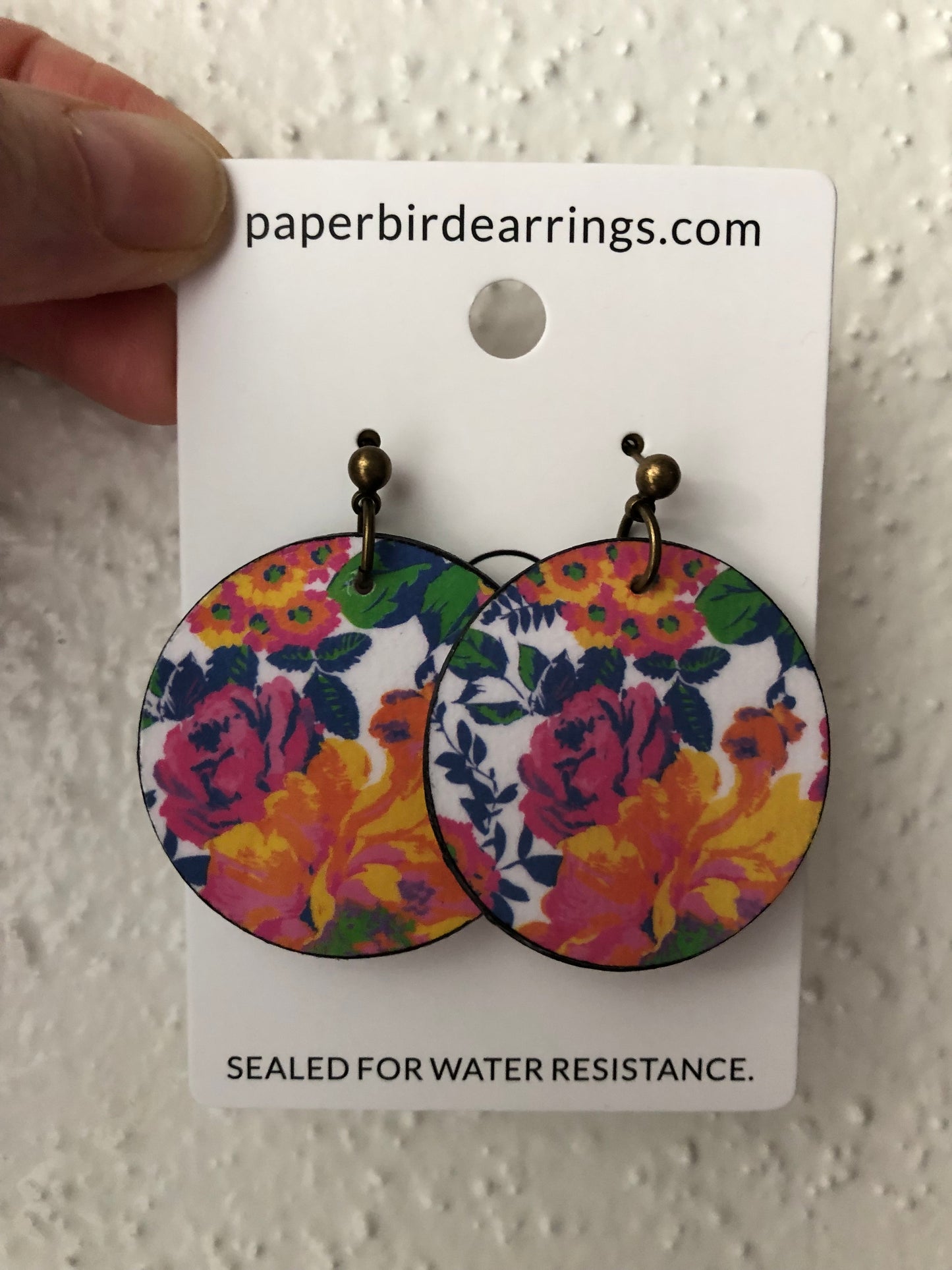 handmade paper earrings pink and orange roses design on antique brass findings