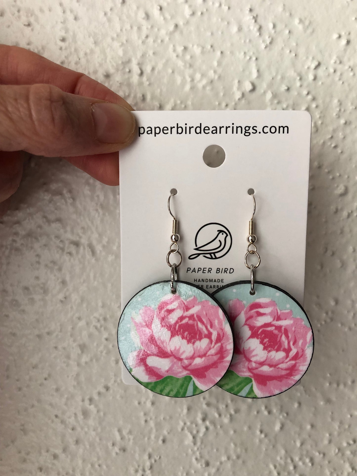 handmade paper earrings with pink peony design on stainless steel hooks paper bird earrings