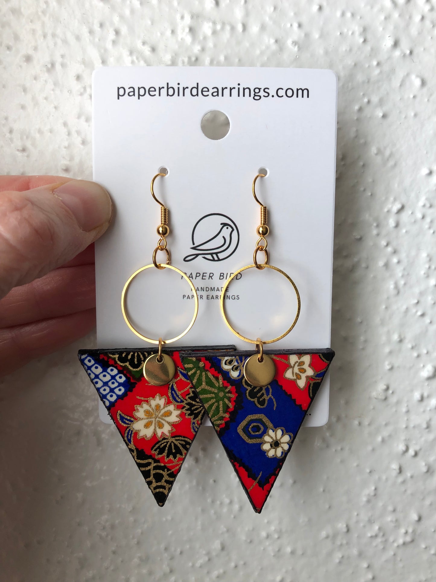 Triangular paper earrings with red and blue patterns paper bird earrings