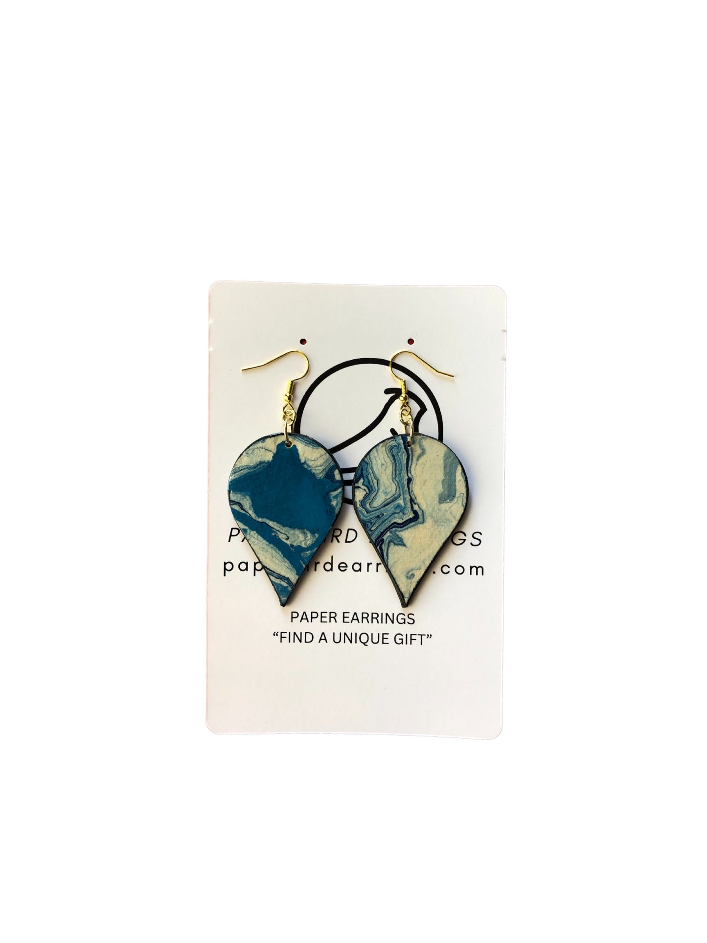 Heart-shaped paper earrings on a white card with text