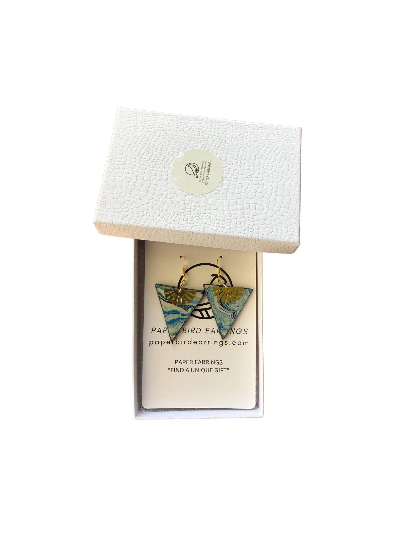 Box of paper bird earrings with a white background