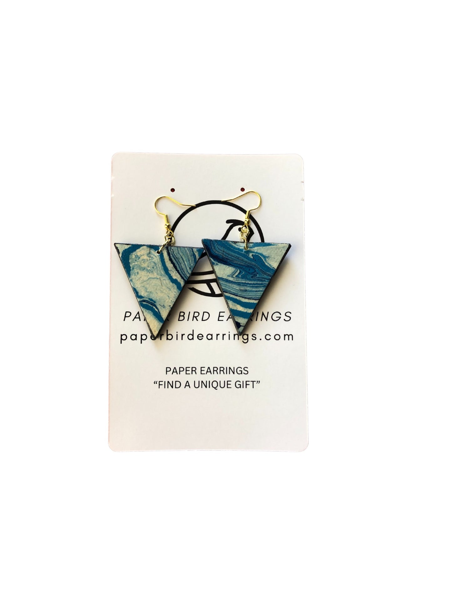Pair of paper bird earrings on a white card with branding information.