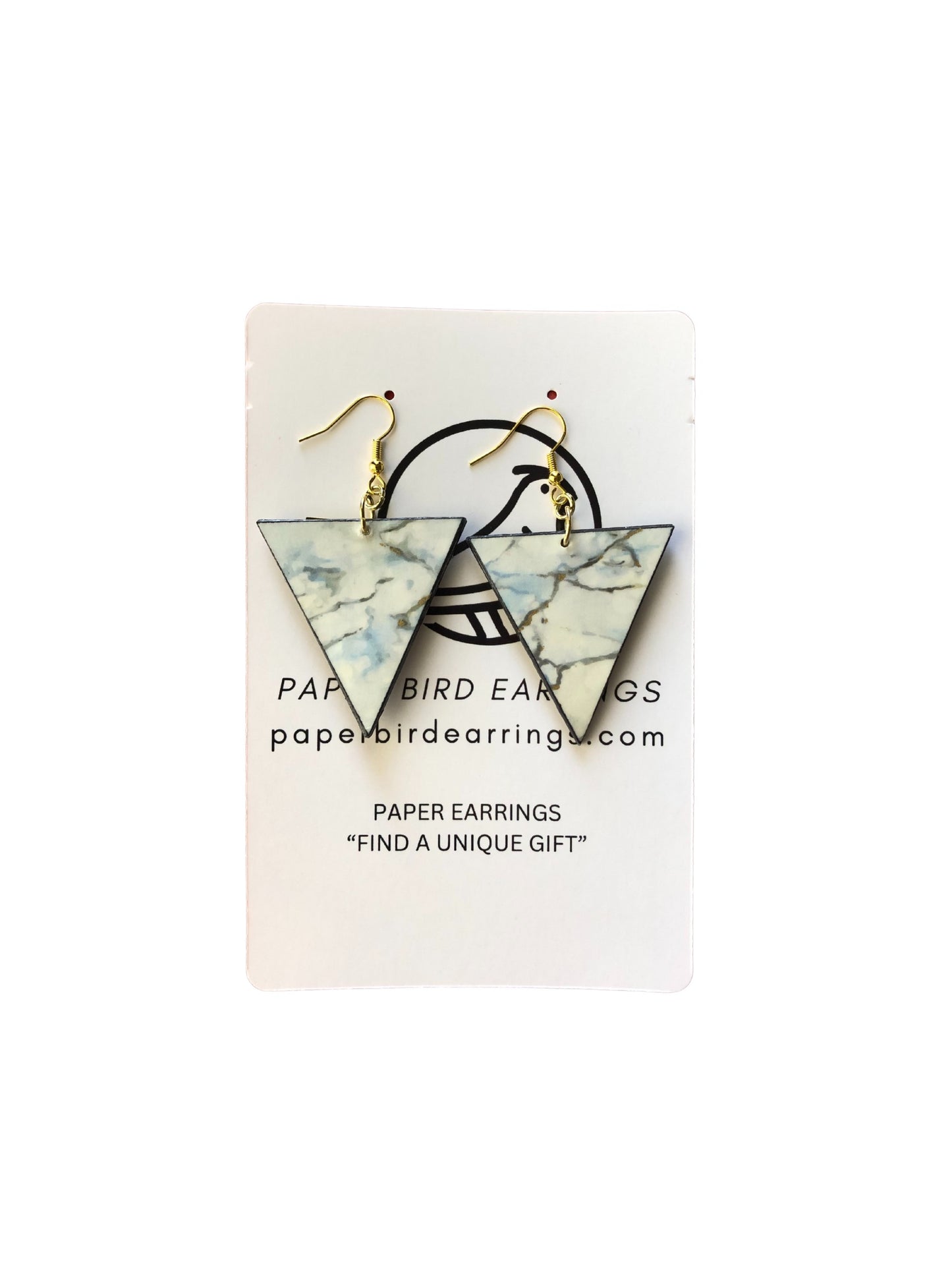 Triangular paper earrings on a branded card with 'Paper Bird Earrings' branding.