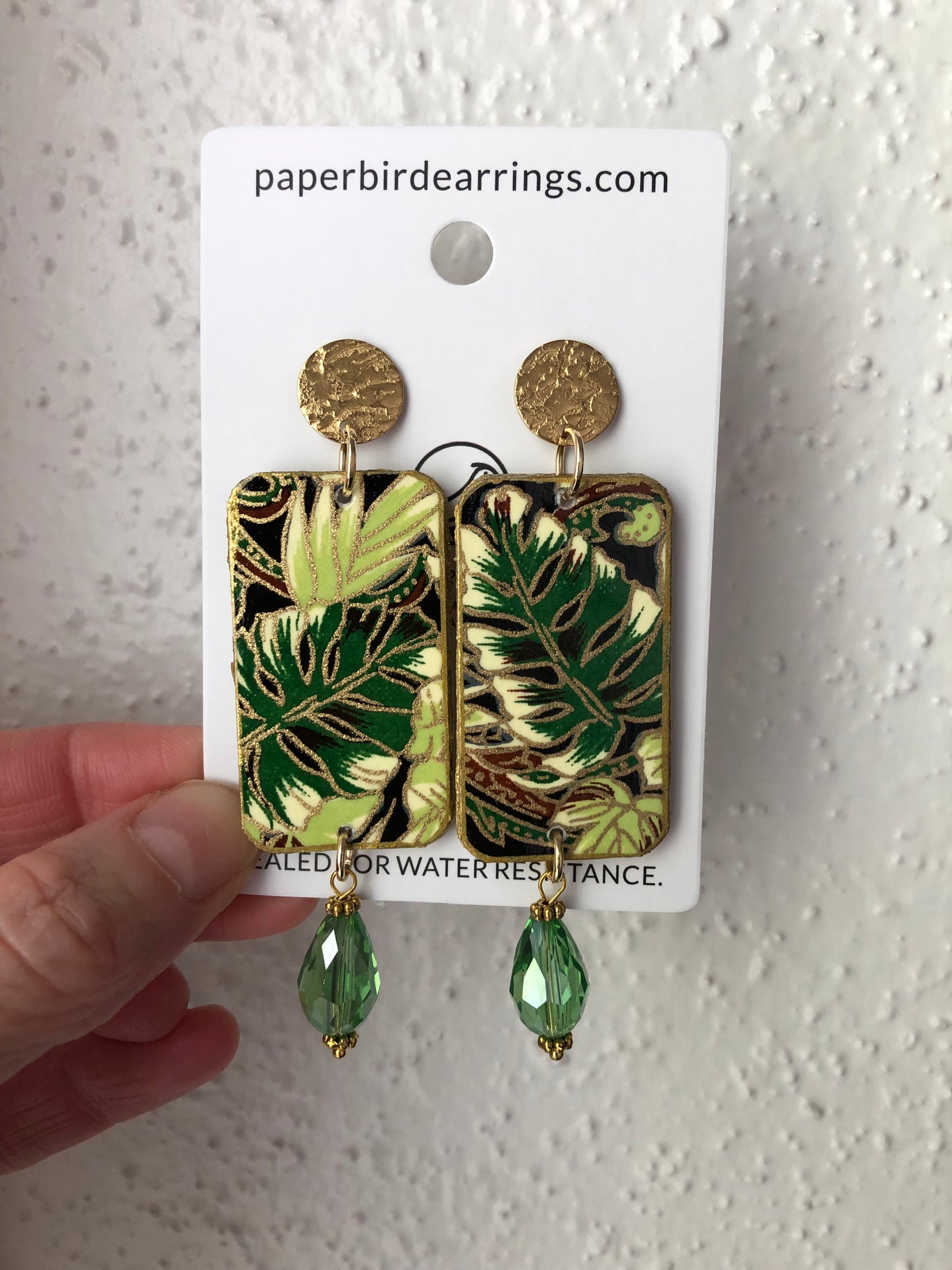 Tropical green leaf earrings handmade paper earrings paper bird earrings