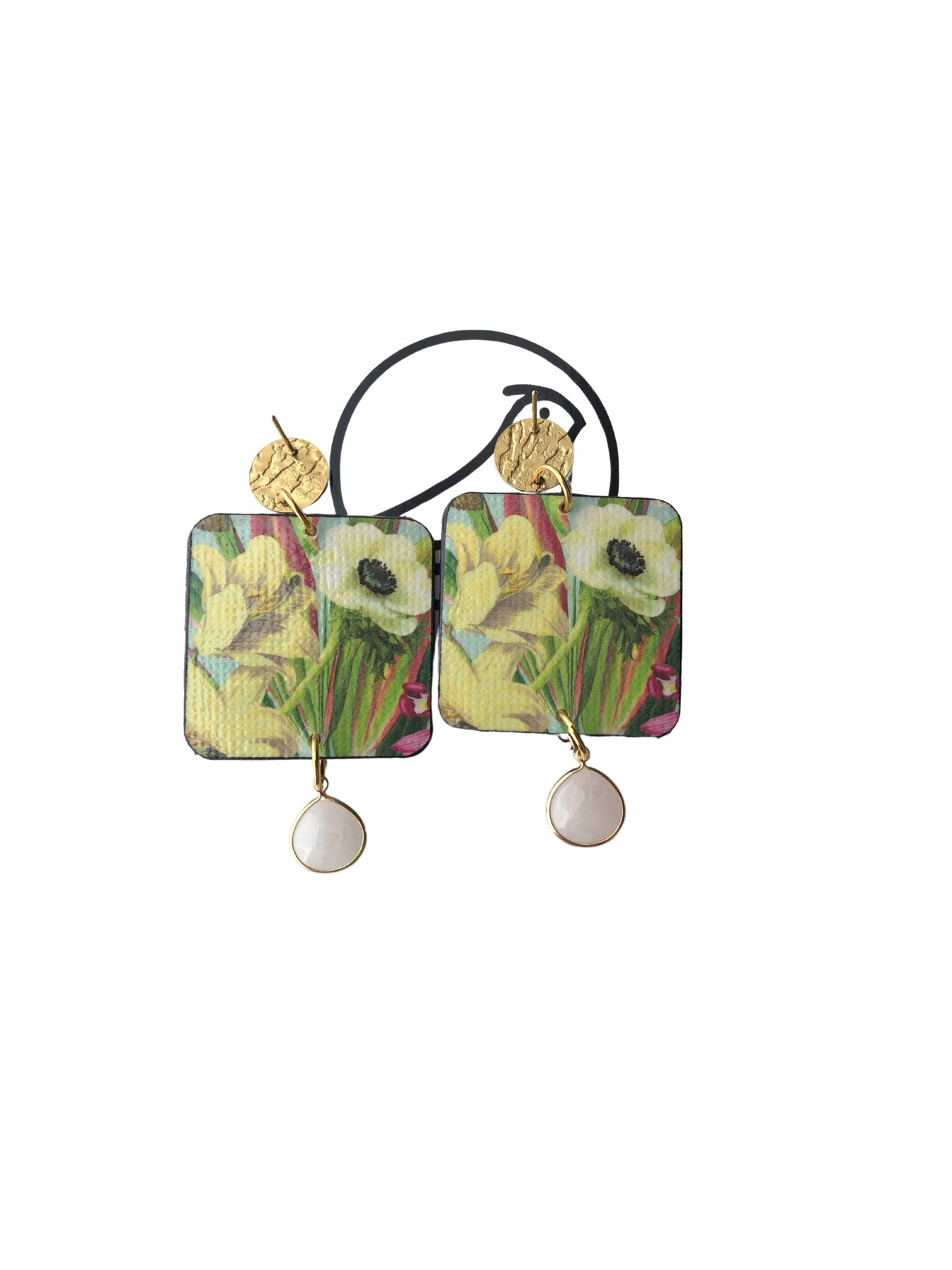 Pair of earrings with floral design and pearl-like beads on a white background