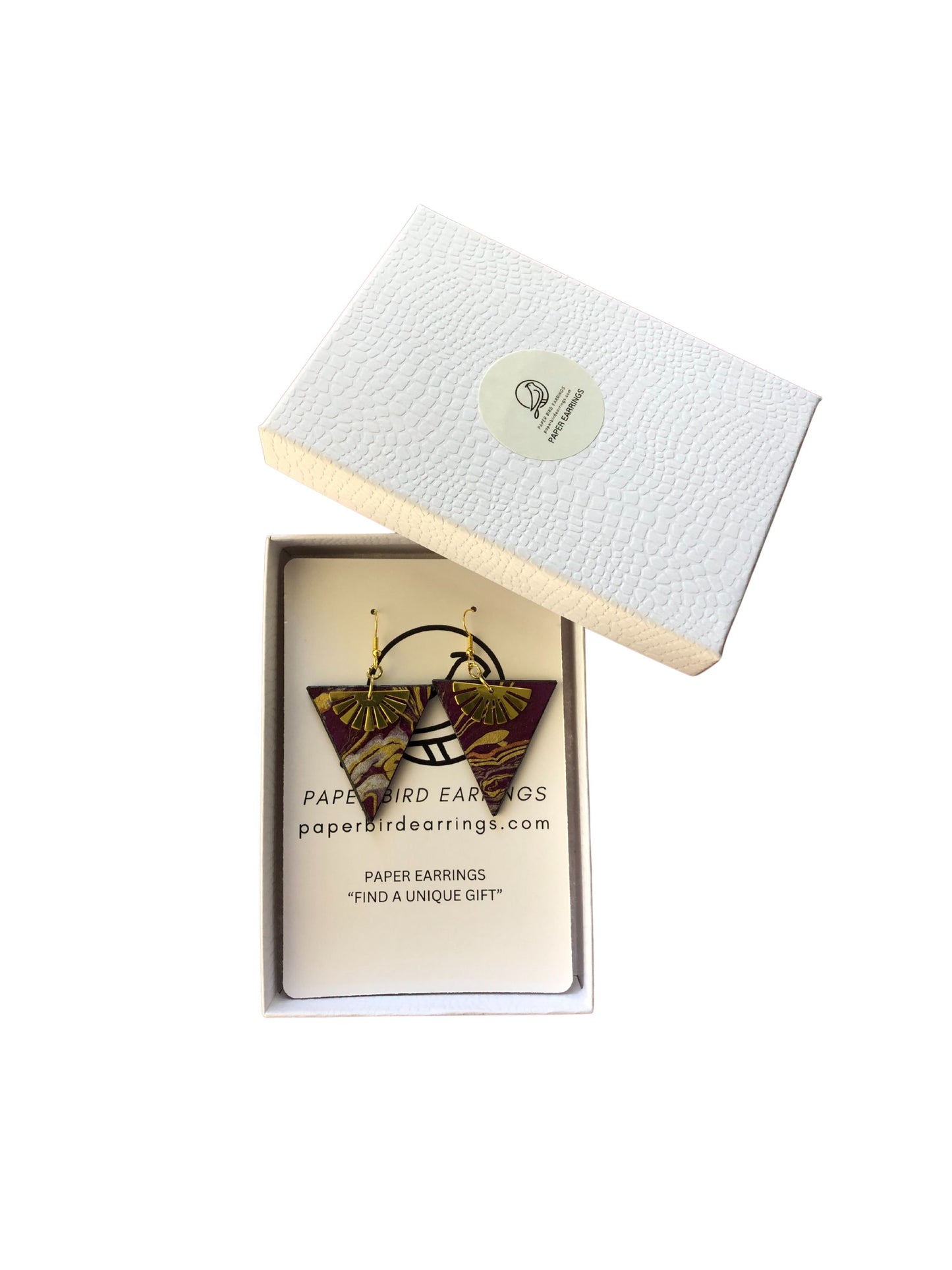 Boxed paper earrings with a white background