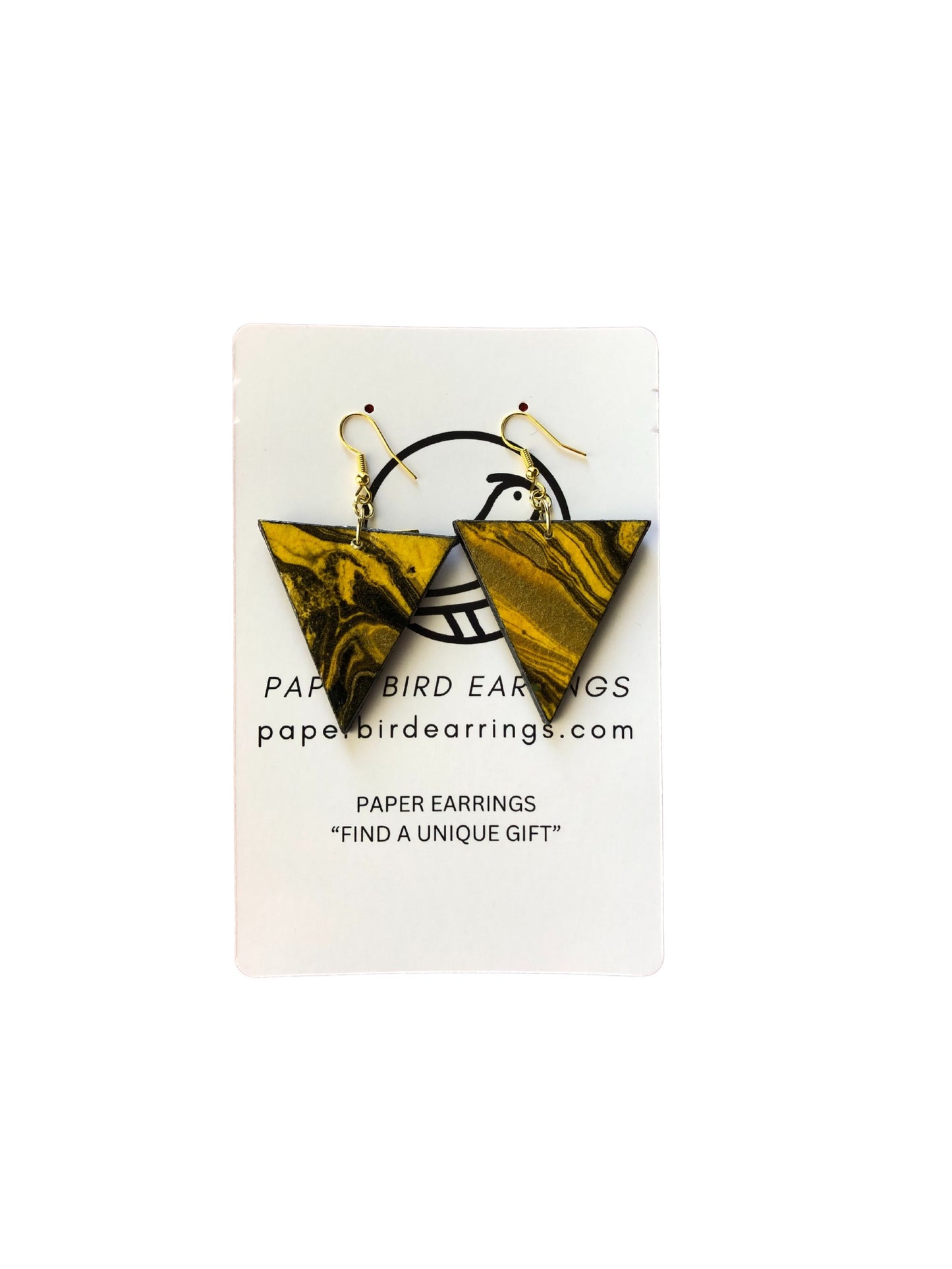 Paper bird earrings on a display card with website information.