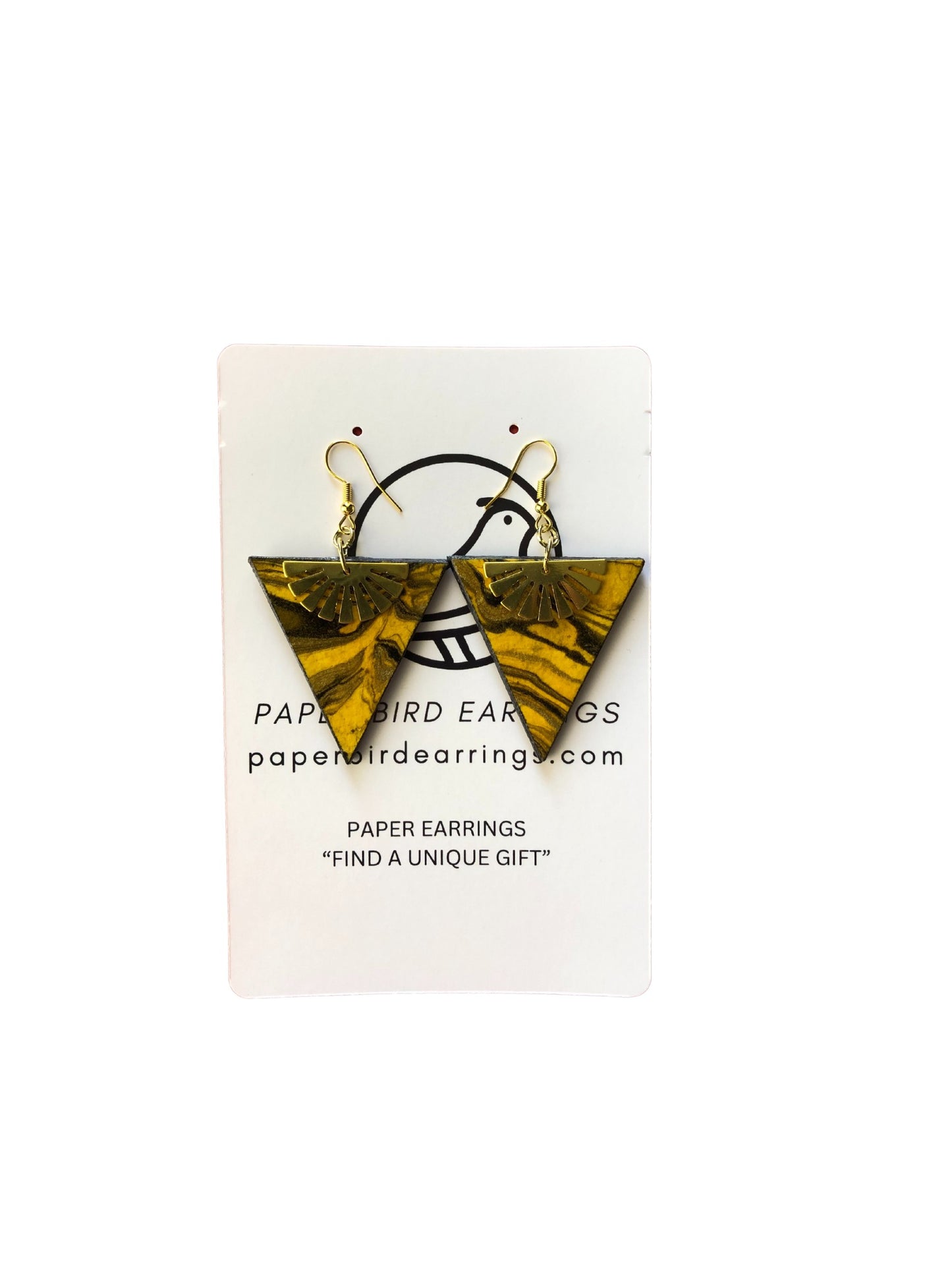 Paper bird earrings on a white card with branding information.