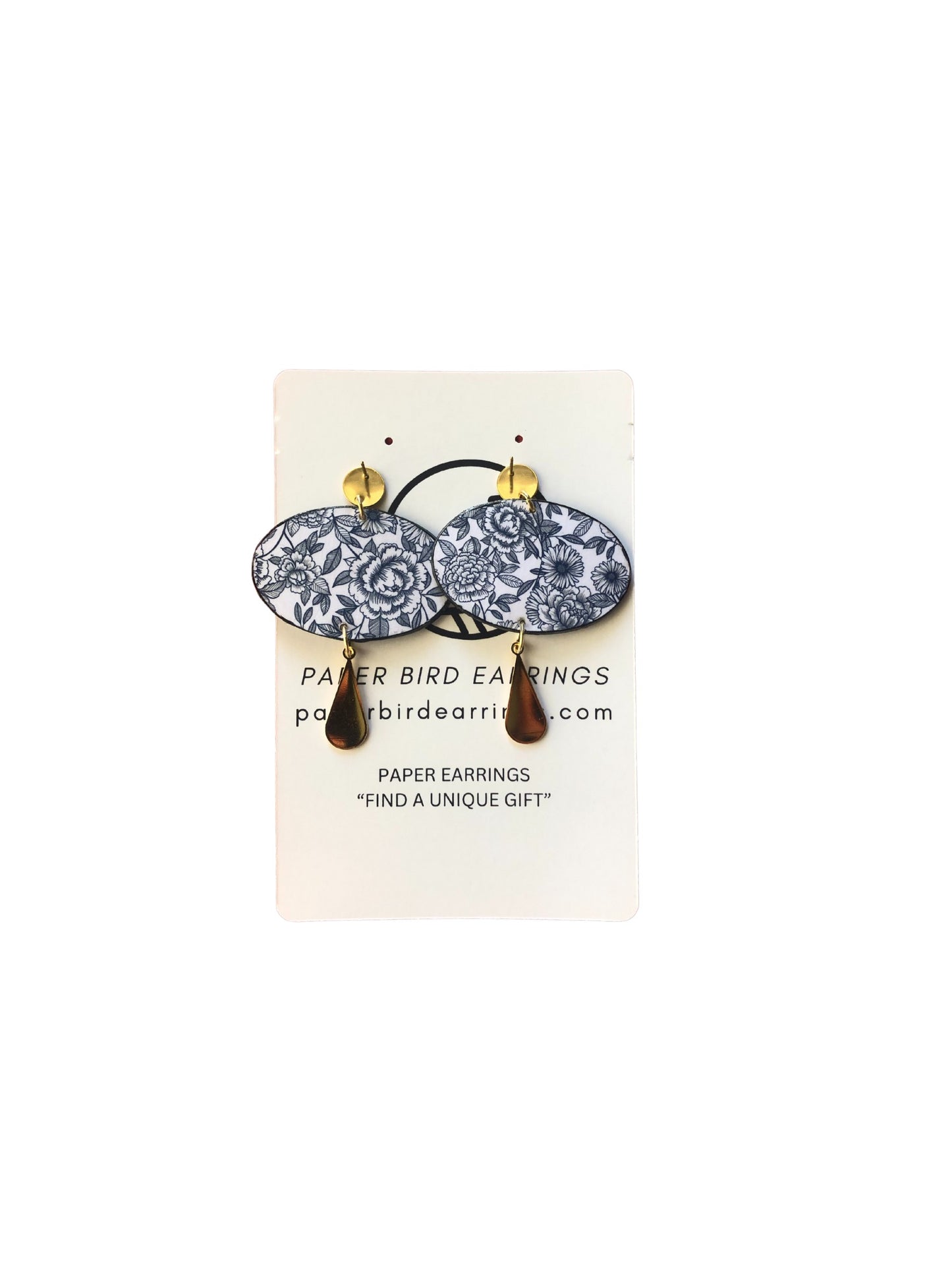 Pair of paper bird earrings on a display card with branding information.