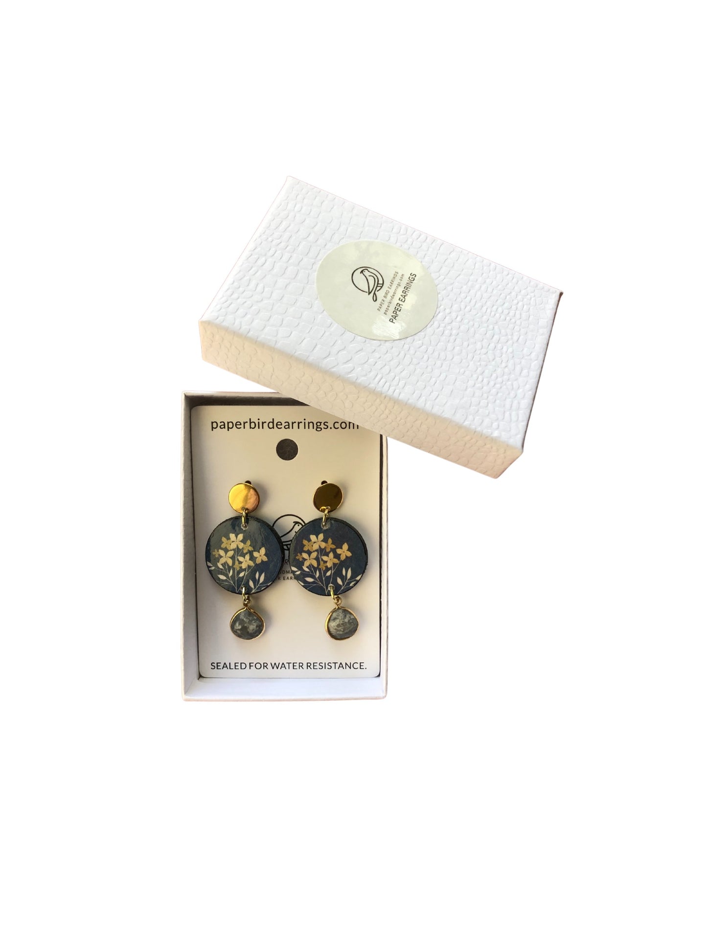 Pair of earrings in a box with a white background