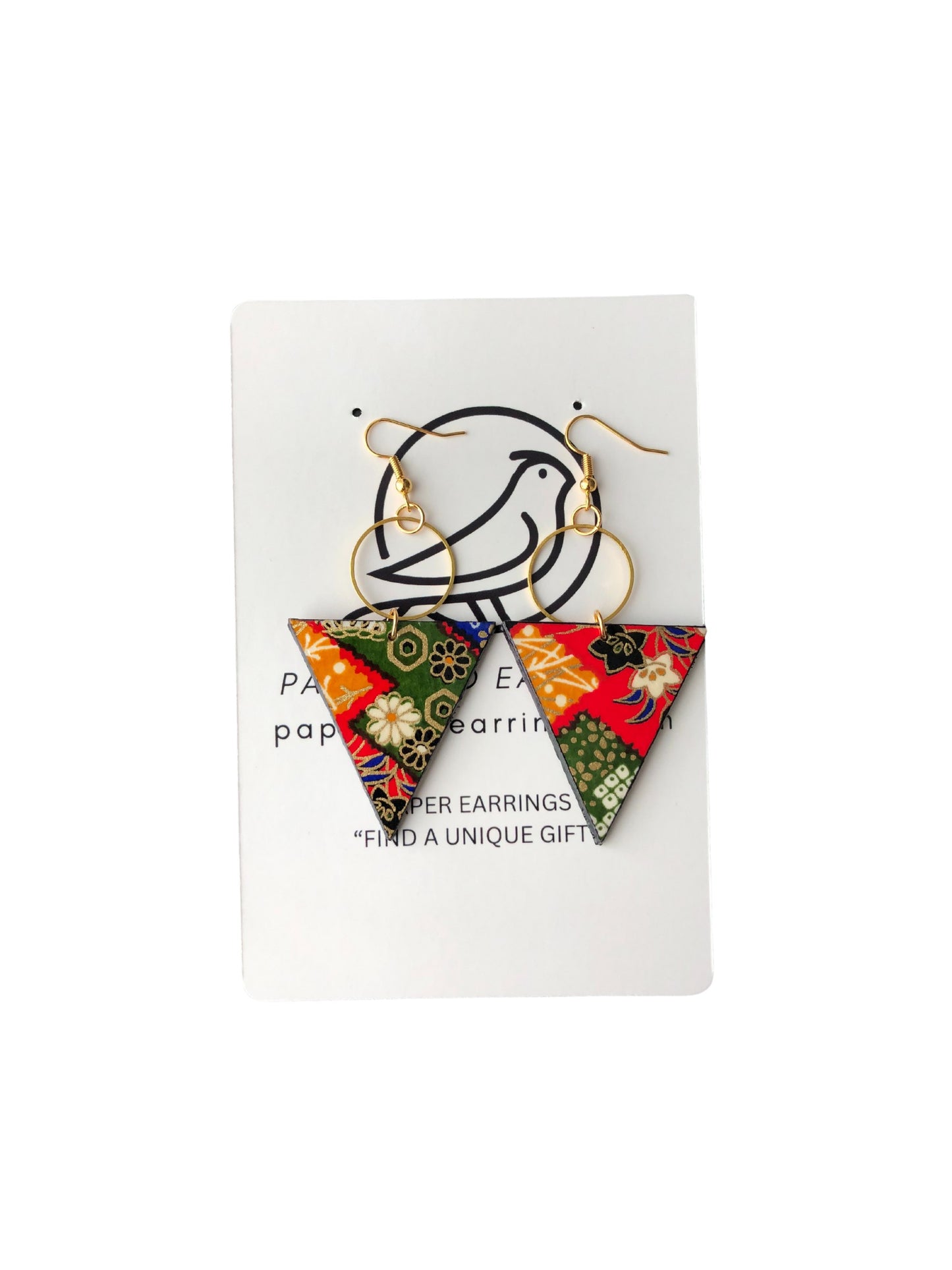 Colorful triangle-shaped earrings on a white card with text
