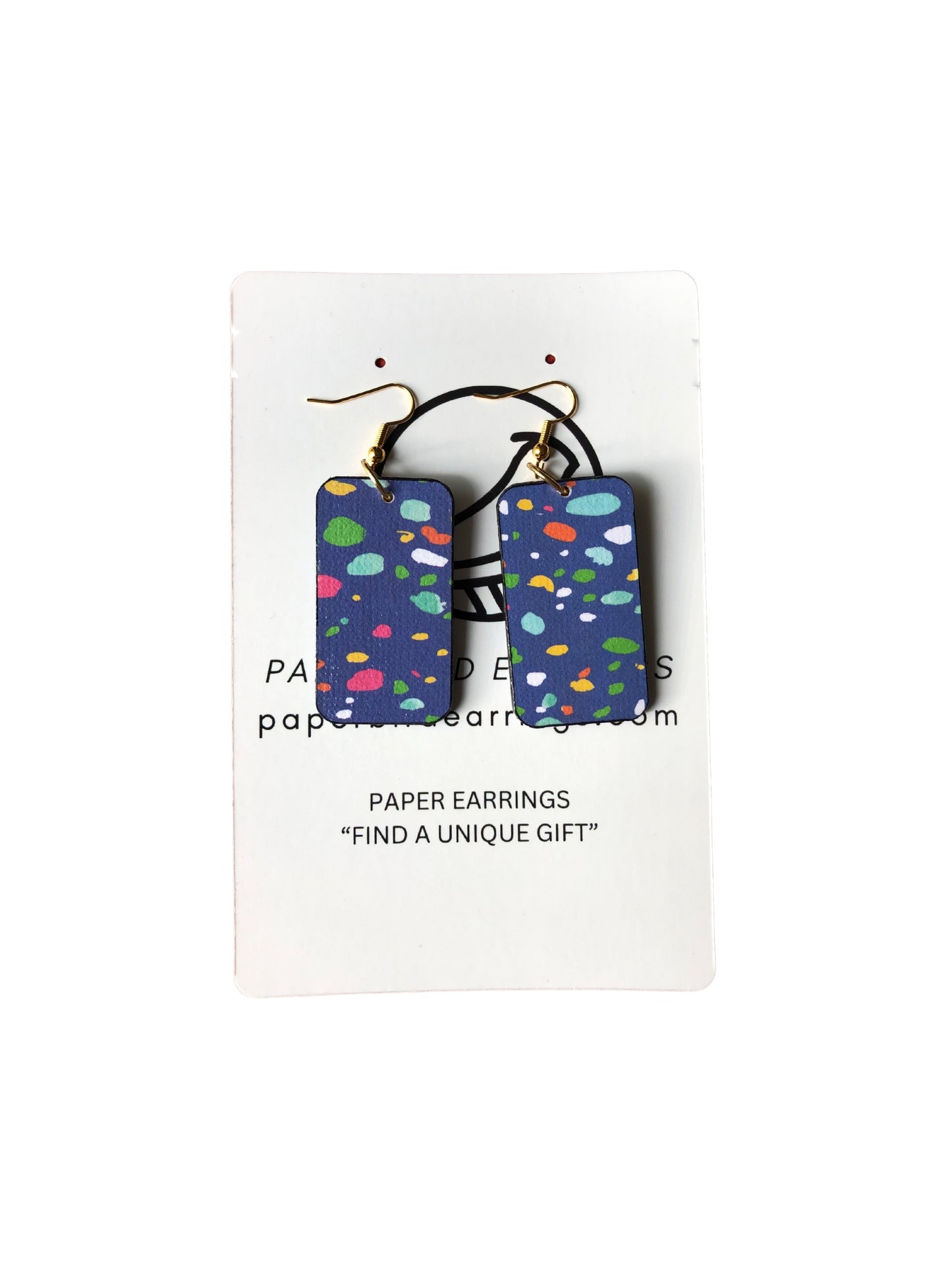 Colorful paper earrings on a white card with 'Paper Earrings' branding.