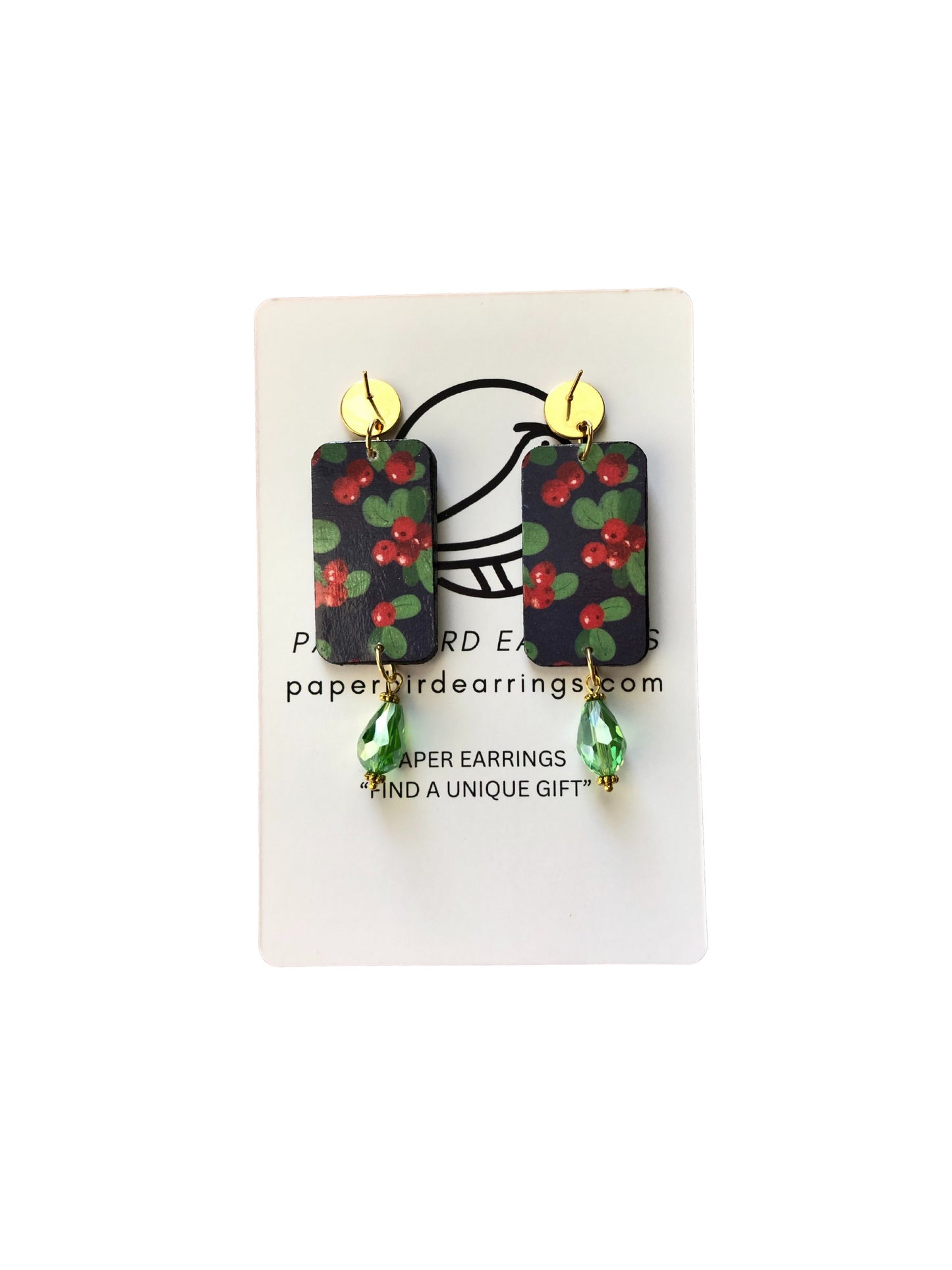 Pair of earrings on a display card with 'paper earrings.com' text.