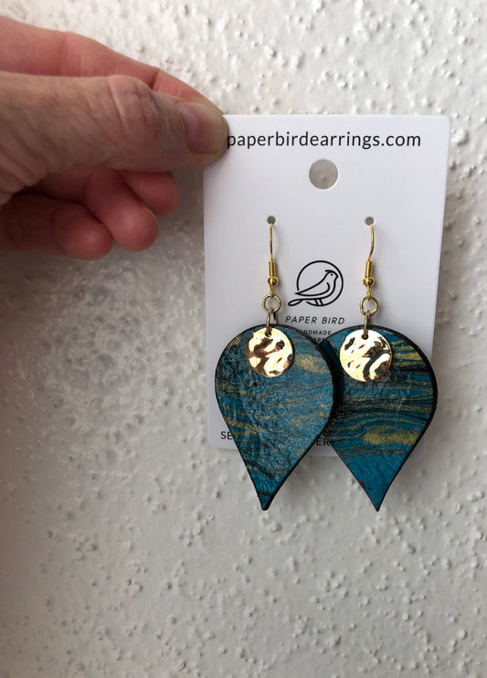 blue emerald reverse teardrop paper earrings handmade