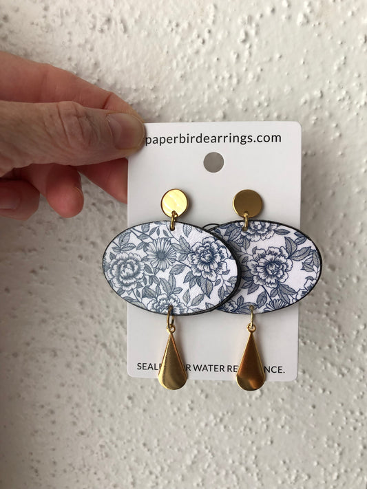 Blue floral paper earrings toile de jouy