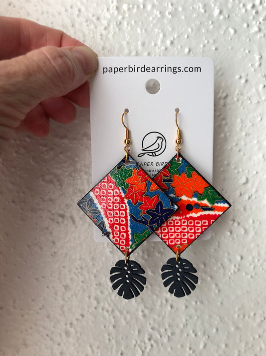 blue, orange and red rhombus paper earrings handmade 