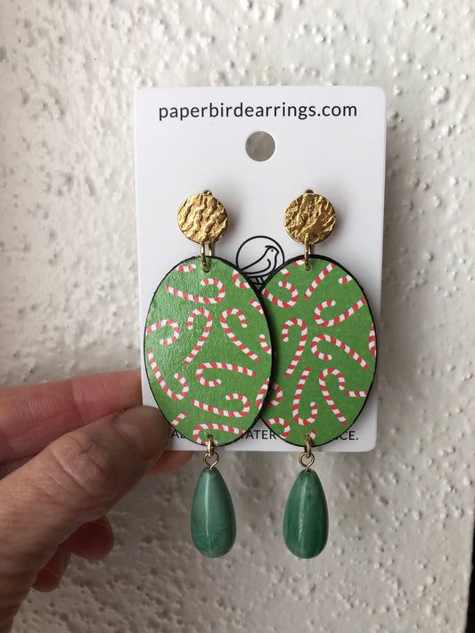 Green oval paper earrings with red and white Candy cane design 
