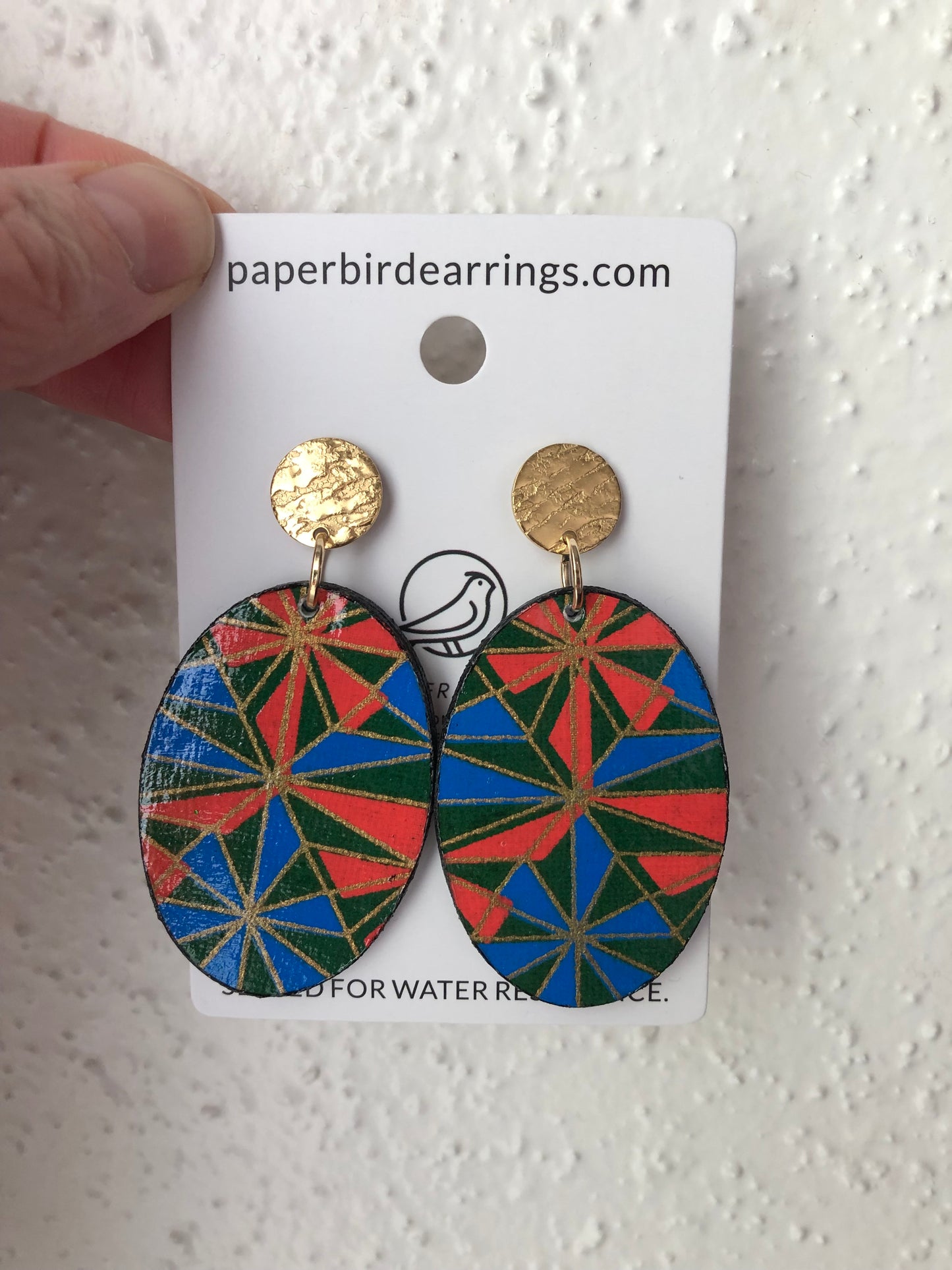 Colorful geometric blue green orange patterned paper earrings oval design handmade paper earrings 