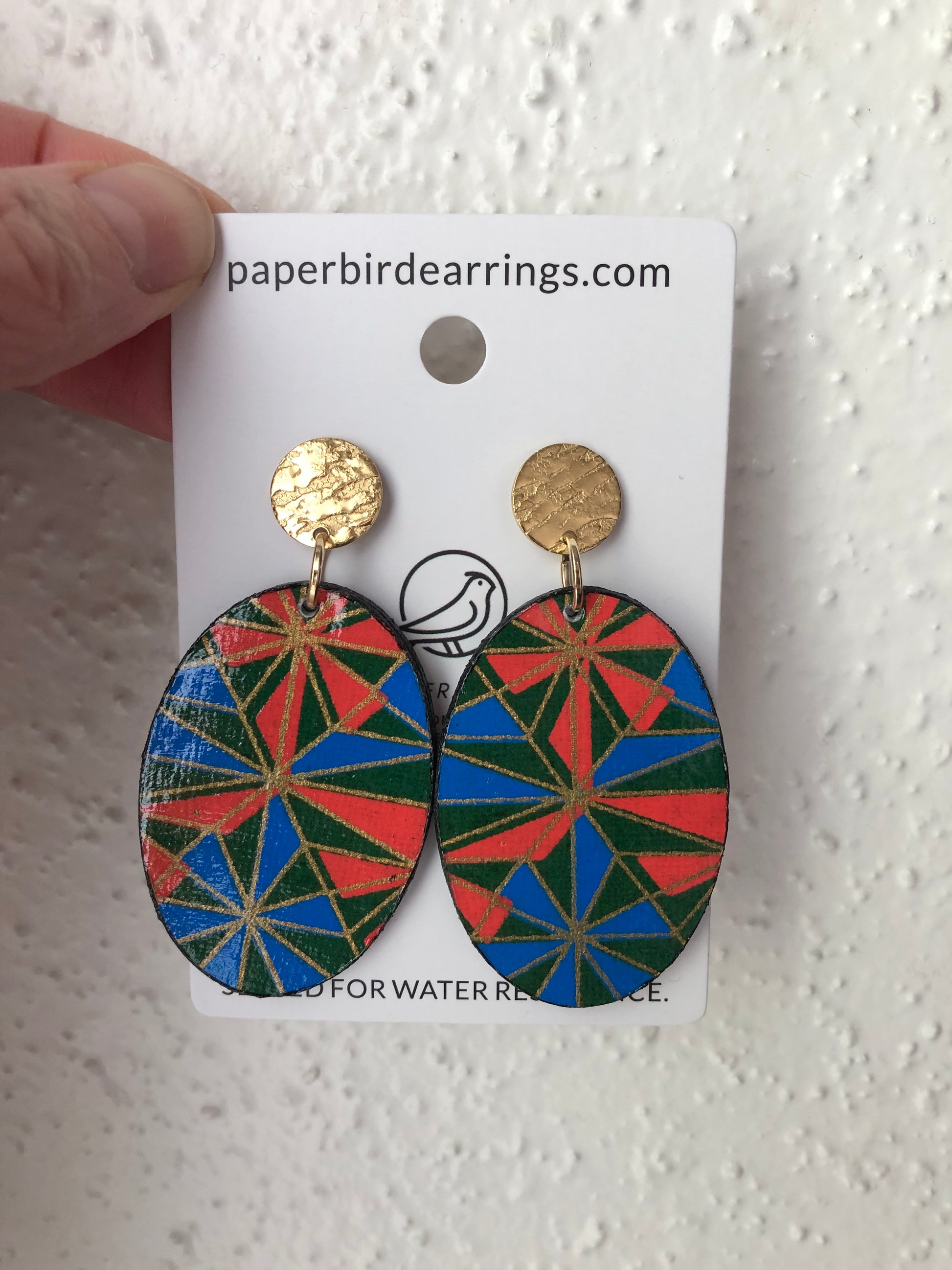 Colorful geometric blue green orange patterned paper earrings oval design handmade paper earrings 