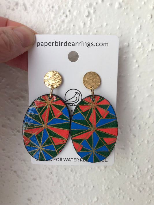 Colorful geometric blue green orange patterned paper earrings oval design handmade paper earrings 