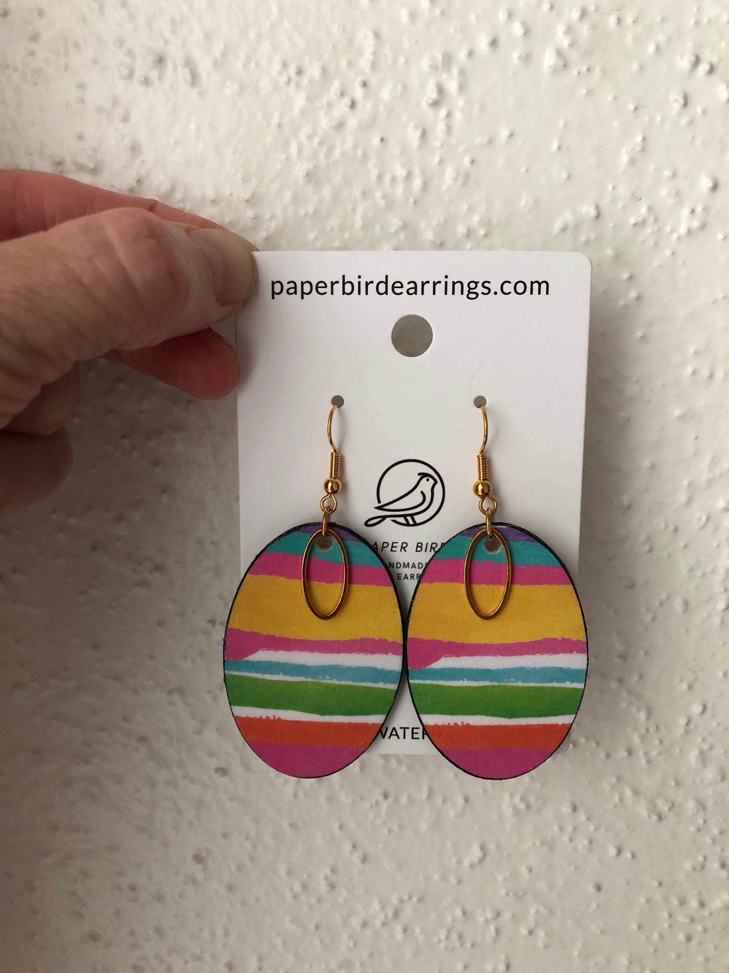 pink, yellow green and sky-blue oval shape paper earrings