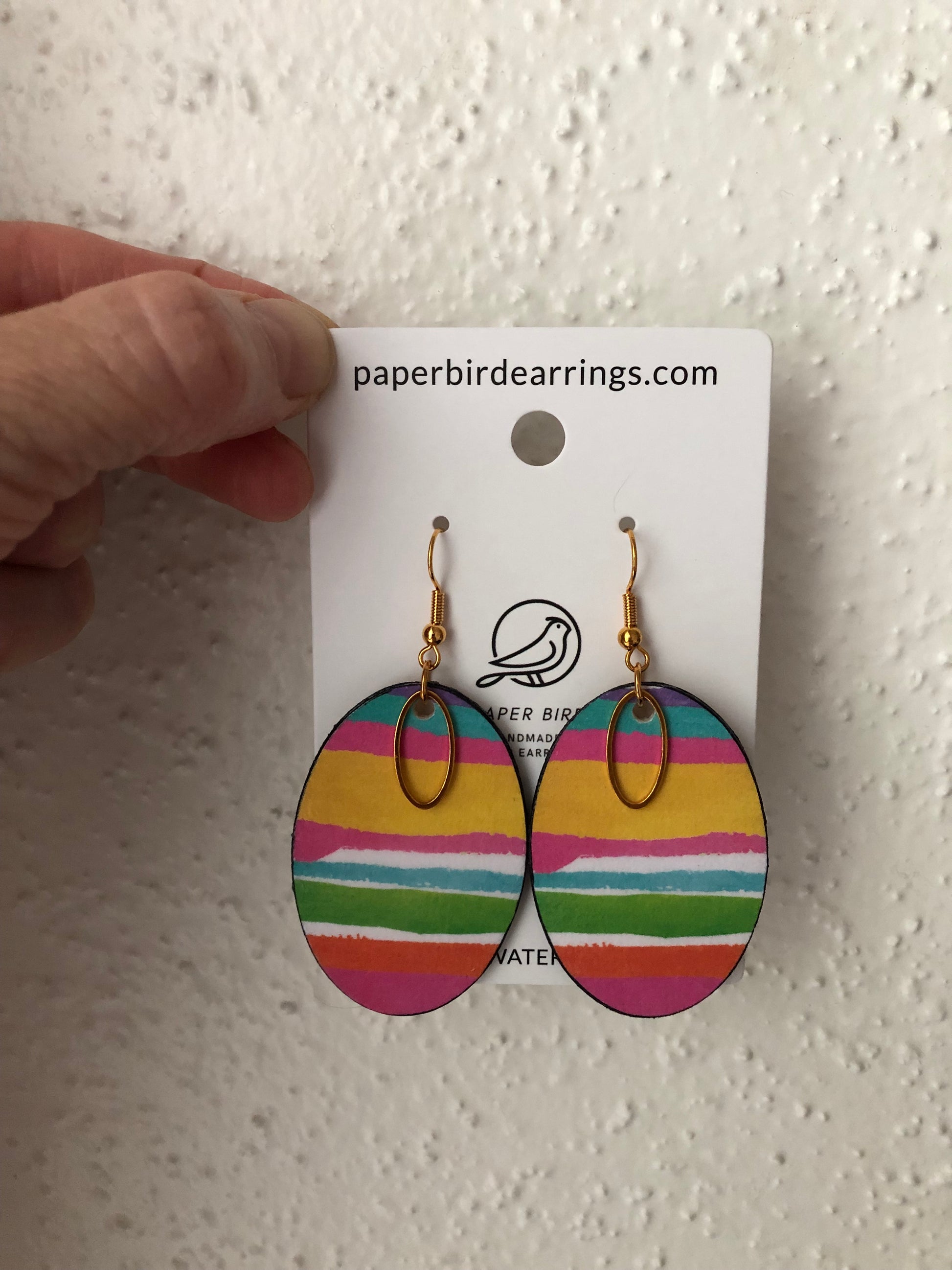pink, yellow green and sky-blue oval shape paper earrings