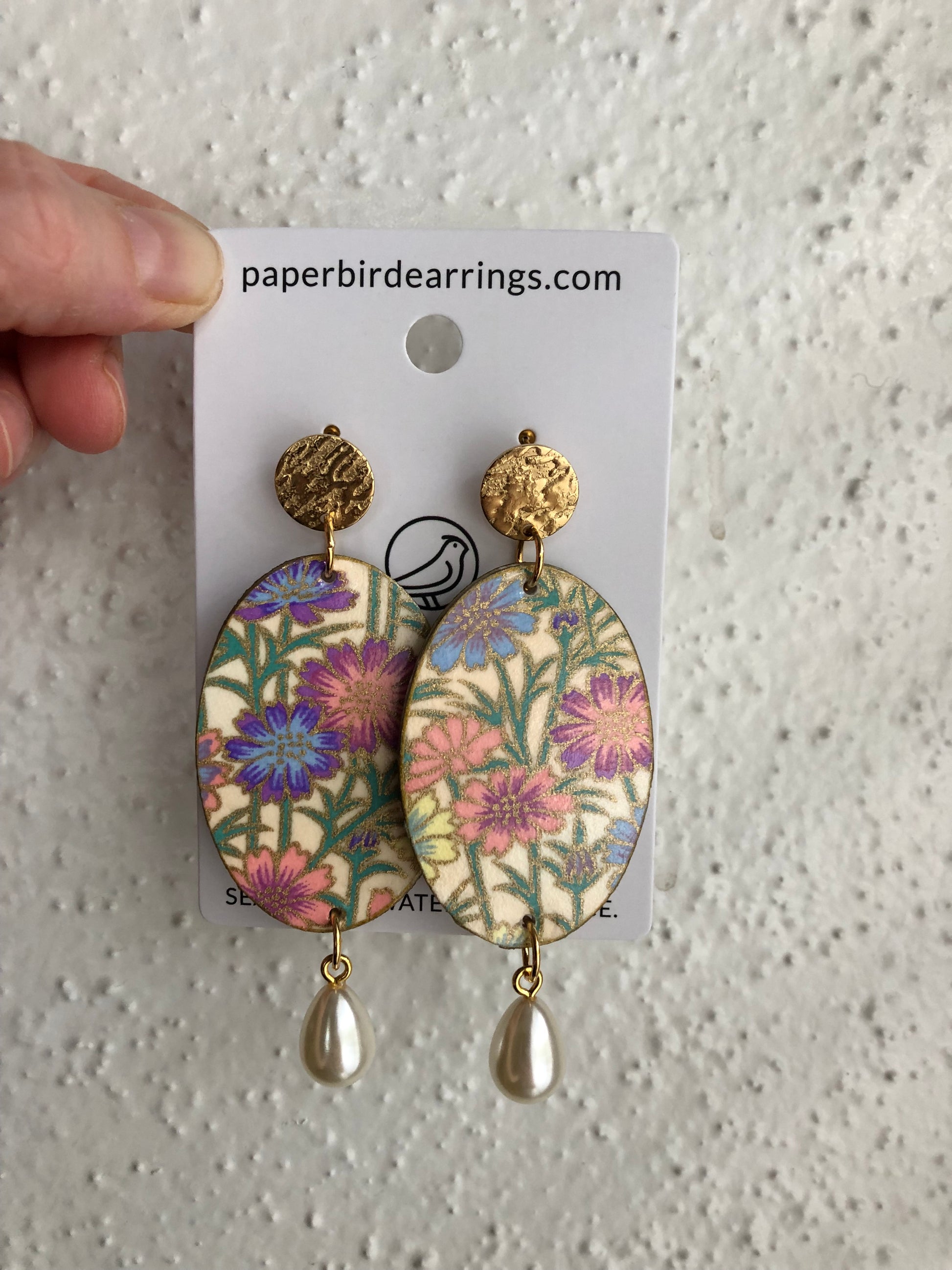 Floral handmade paper earrings with flower blooms design and pearls 