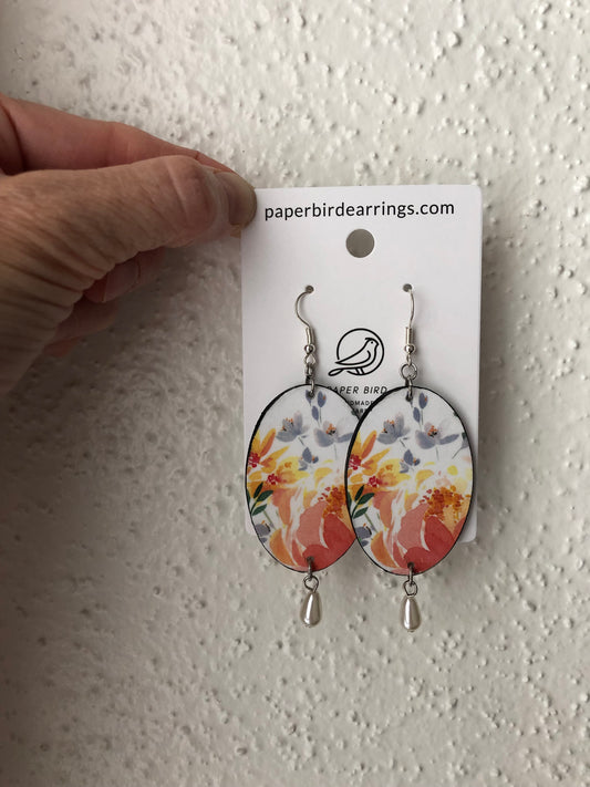 oval earrings with flower garden design with pearls on stainless steel hooks