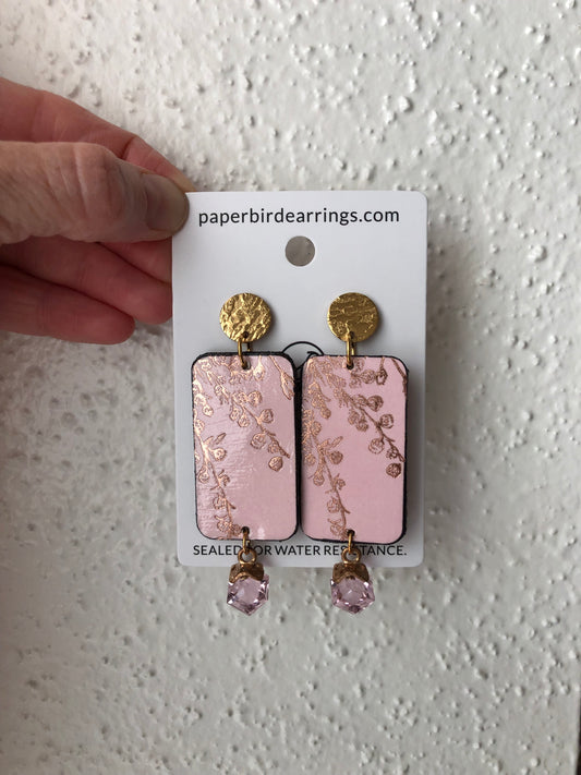 gold flower on pink paper rectangle design handmade paper earrings paper bird earrings