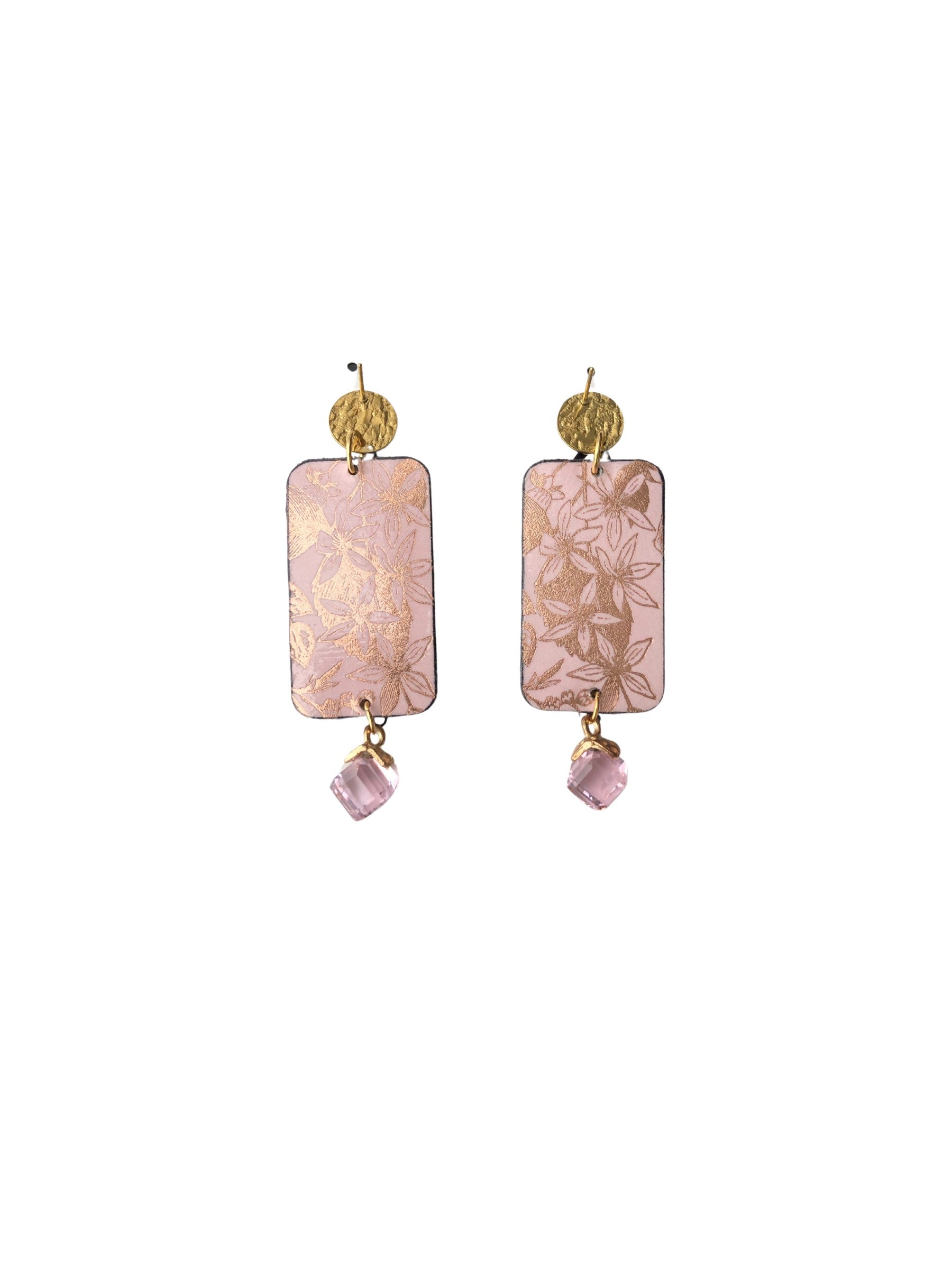 Pair of pink floral earrings with gold accents on a white background