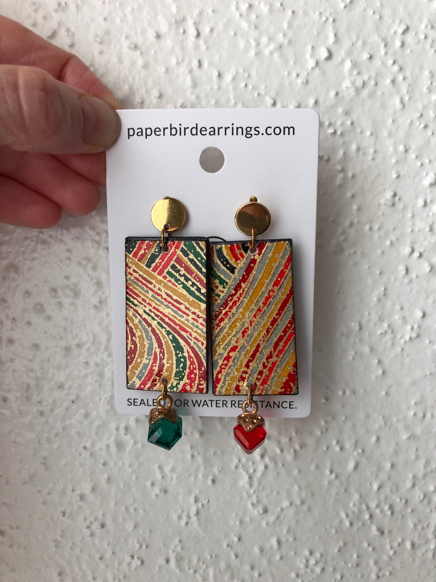gold red and green dangle paper earrings