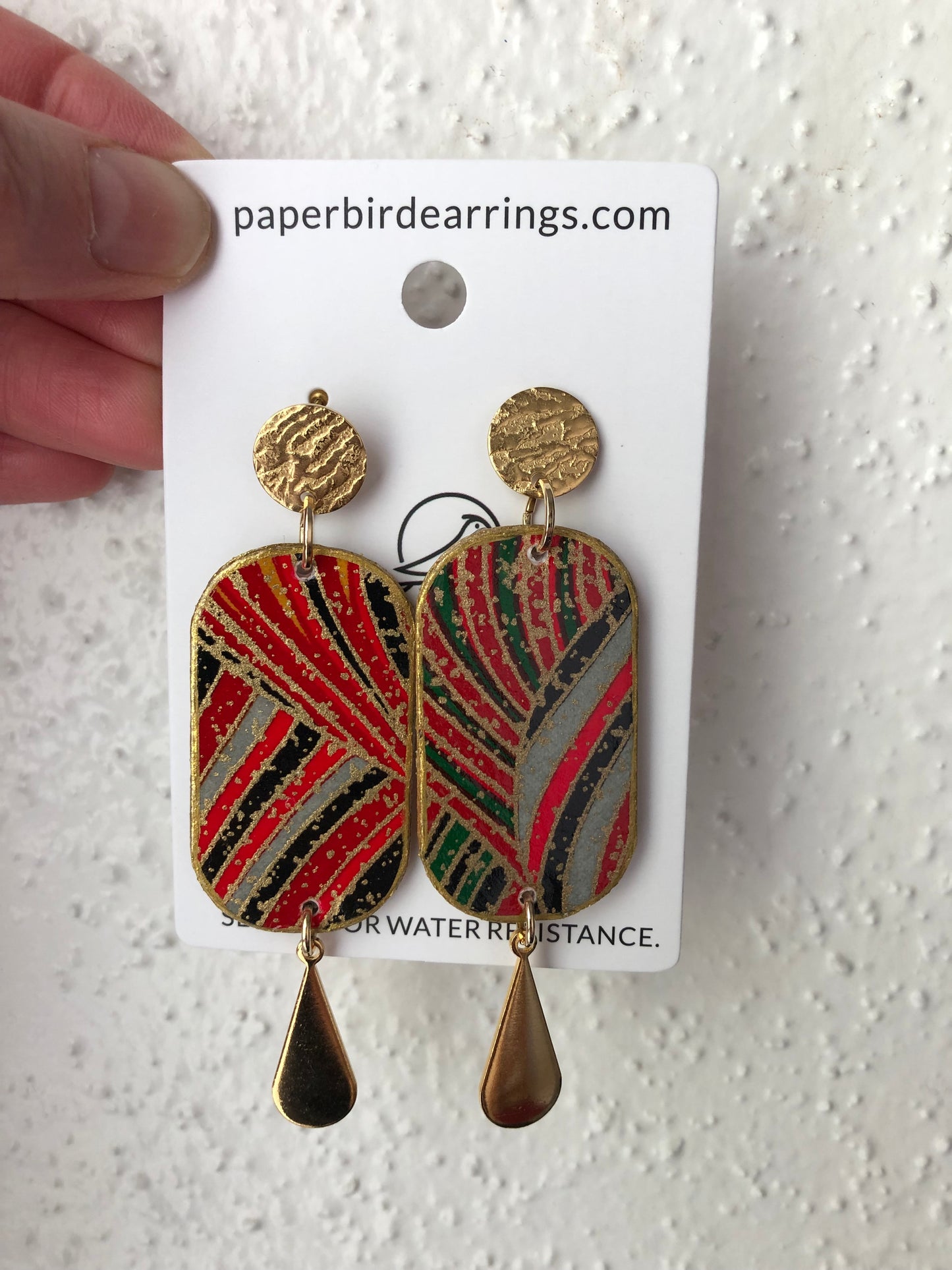 gold red and green drop paper earrings paper bird earrings