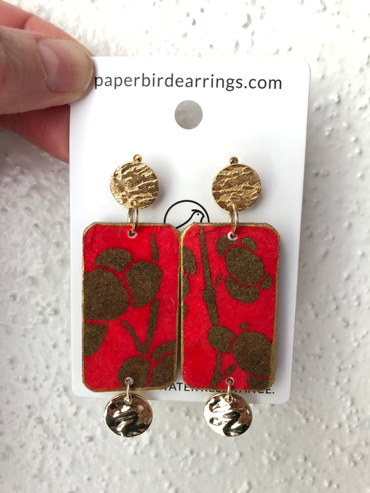 Gold cherry blossom and red earrings handmade paper earrings paper bird earrings