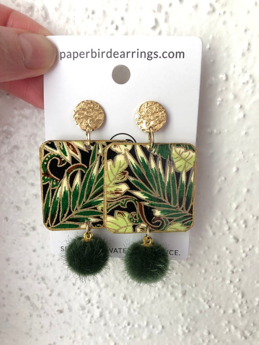 Green and gold earrings with leaf design handmade paper earrings paper bird earrings
