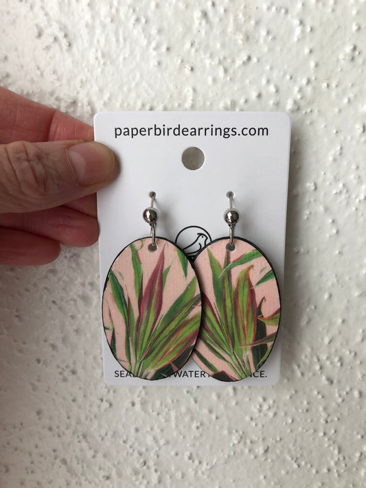oval paper earrings with juncos leaf pattern paper bird earrings
