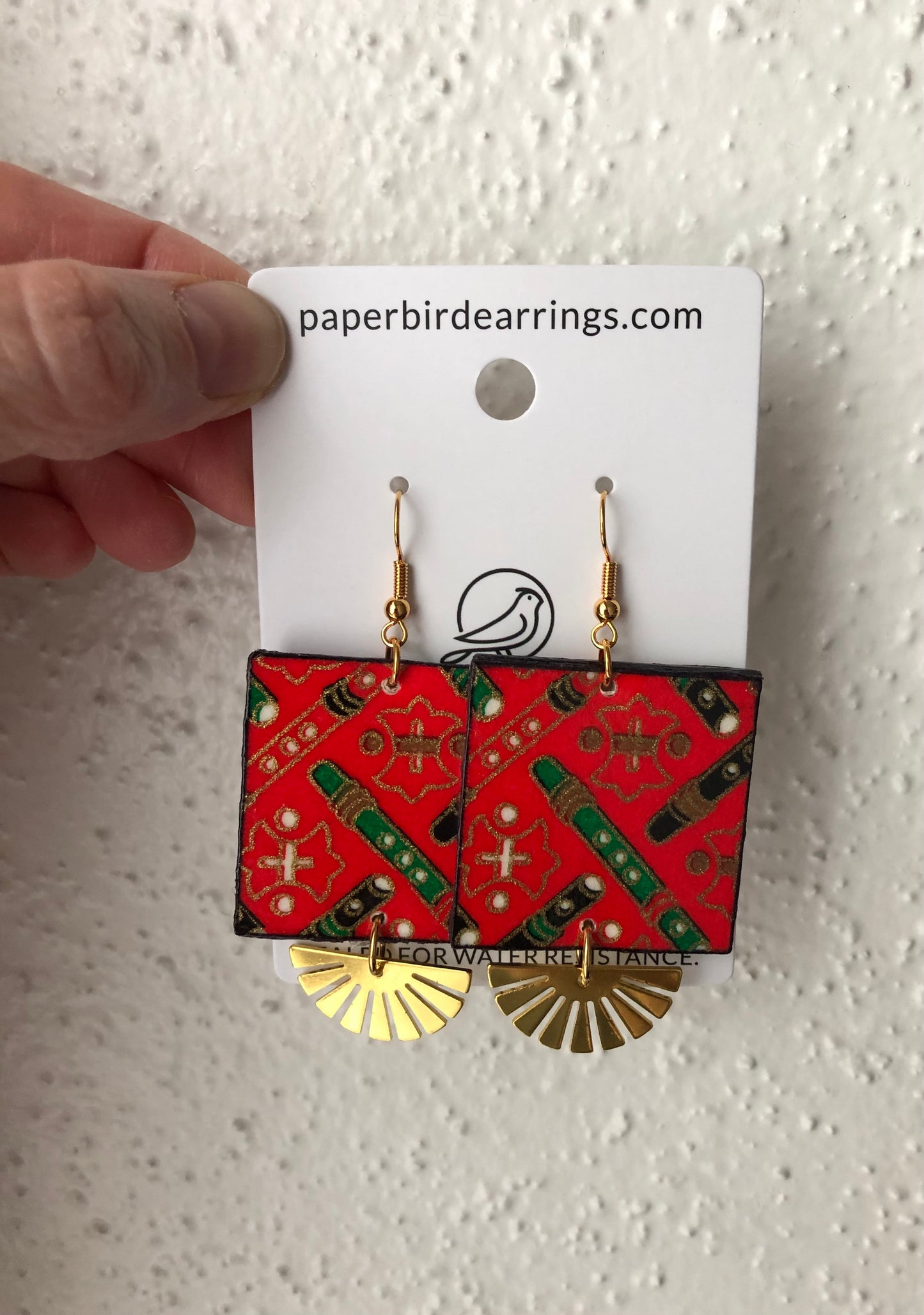 Red and green patterned paper earrings handmade inspired by kimono fabrics 