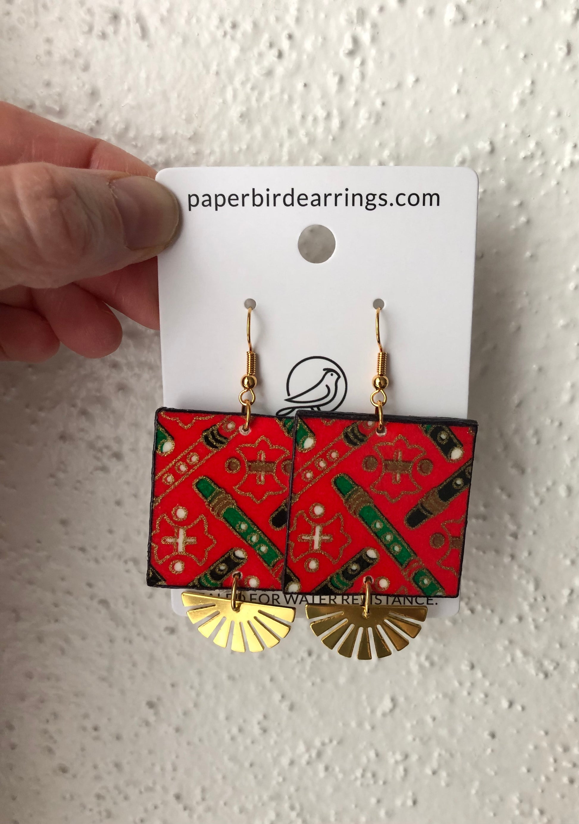Red and green patterned paper earrings handmade inspired by kimono fabrics 