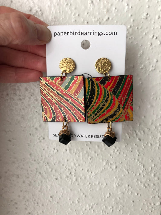 red black and gold square paper earrings