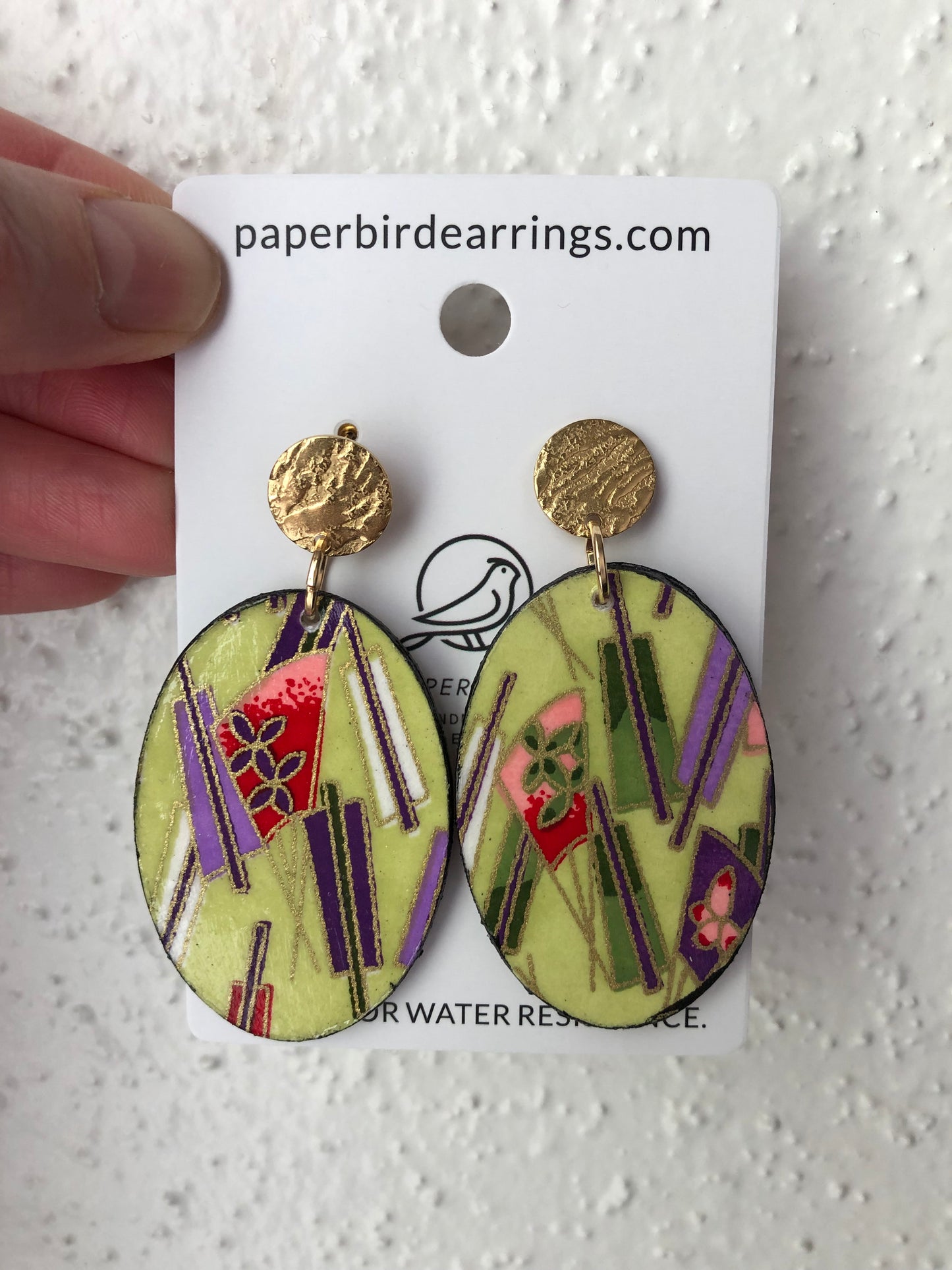  pink Japanese fan on green oval design, handmade paper earrings